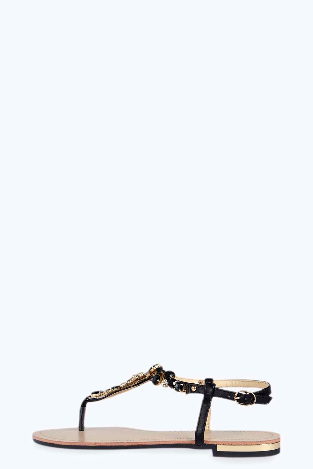 Tessa T-Bar Jewel Flat Sandals at boohoo.com