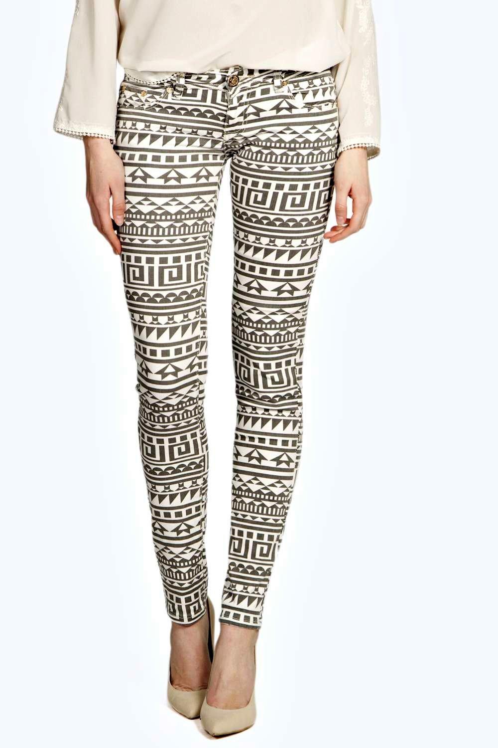 Evie Low Rise Aztec Print Skinny Jeans at boohoo.com