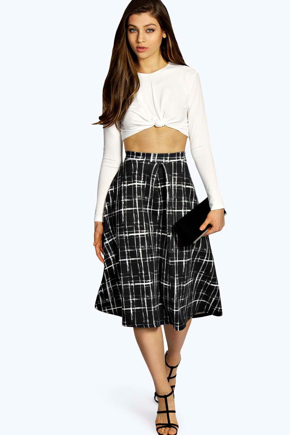 Emmie Sketchy Grid A-Line Box Pleat Midi Skirt at boohoo.com