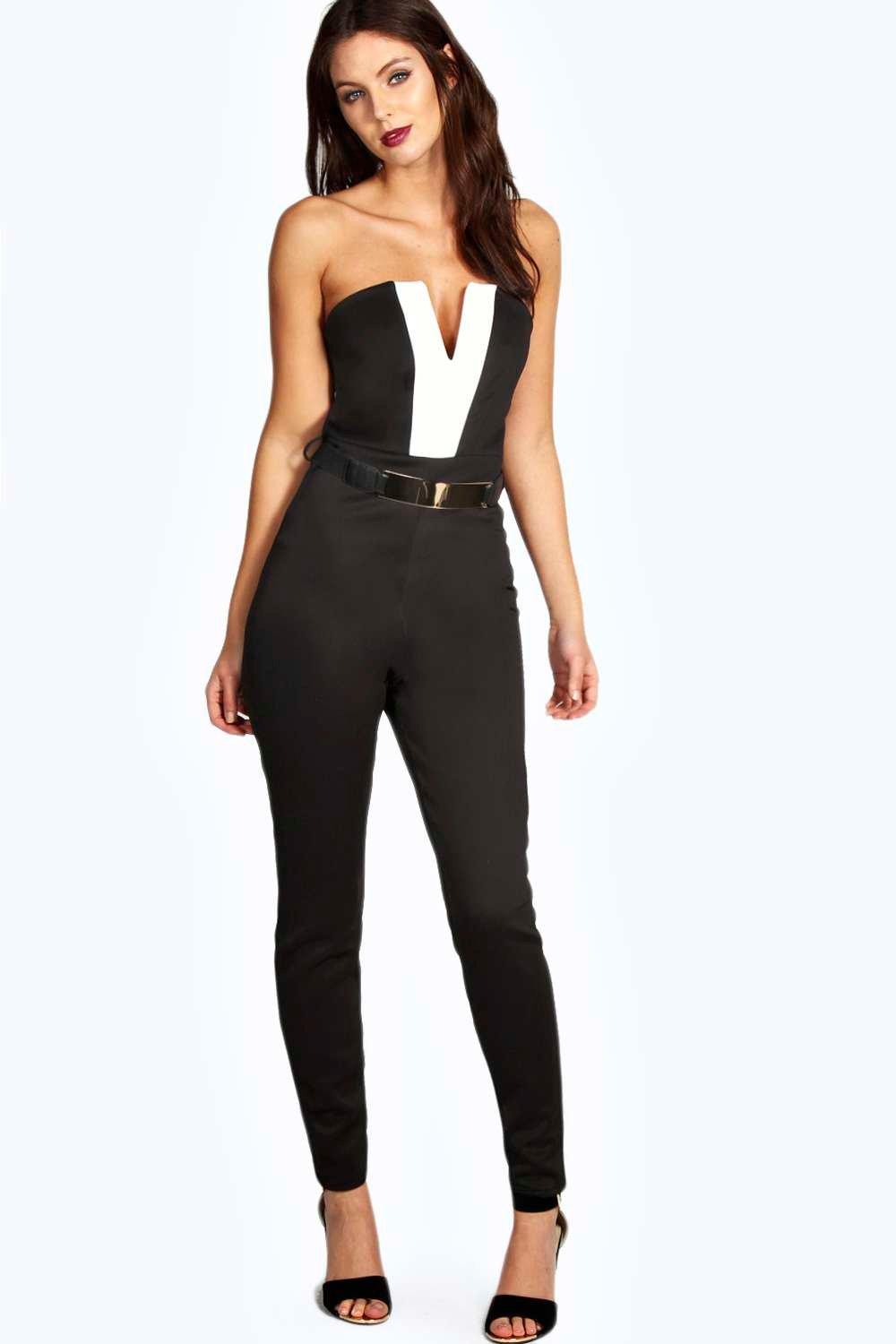 Amya Bandeau Contrast Gold Belted Jumpsuit at boohoo.com