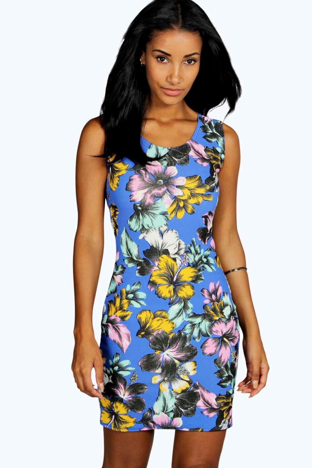 Jesscia Tropical Print Sleeveless Mini Dress at boohoo.com