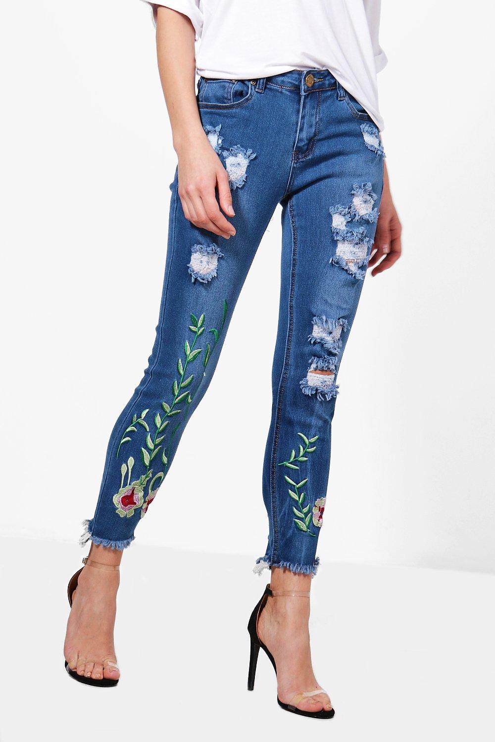 Zena Embroidery Distressed Skinny Jeans at boohoo.com