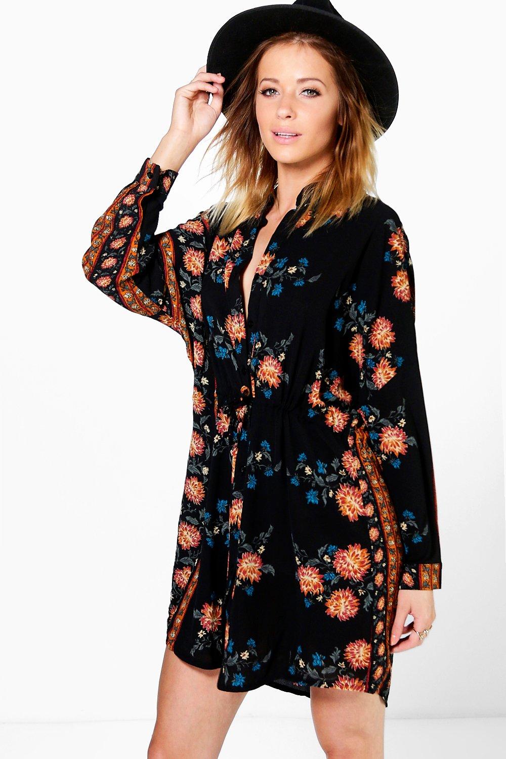 Lara Floral Paisley Border Print Shirt Dress at boohoo.com