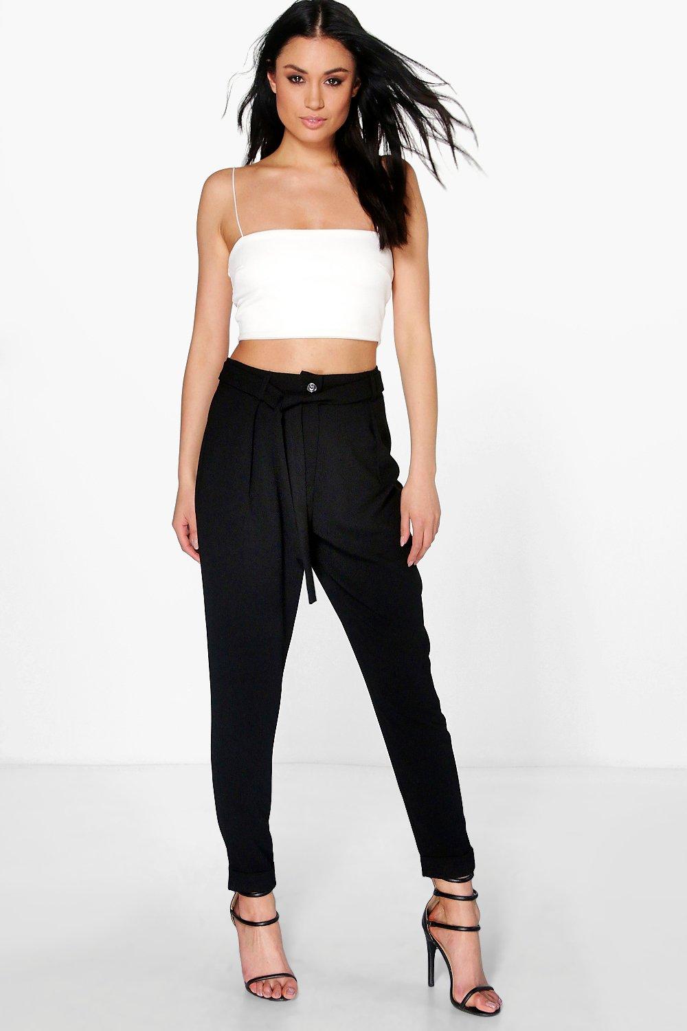 Rosa Tie Waist Tailored Slim Fit Trousers at boohoo.com