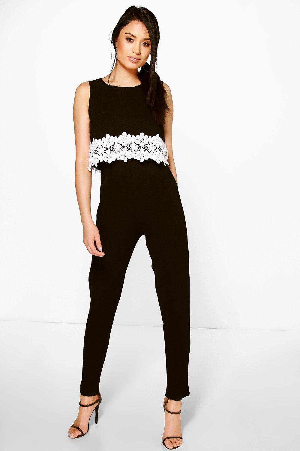 Lois Crochet Floral Trim Double Layer Jumpsuit at boohoo.com