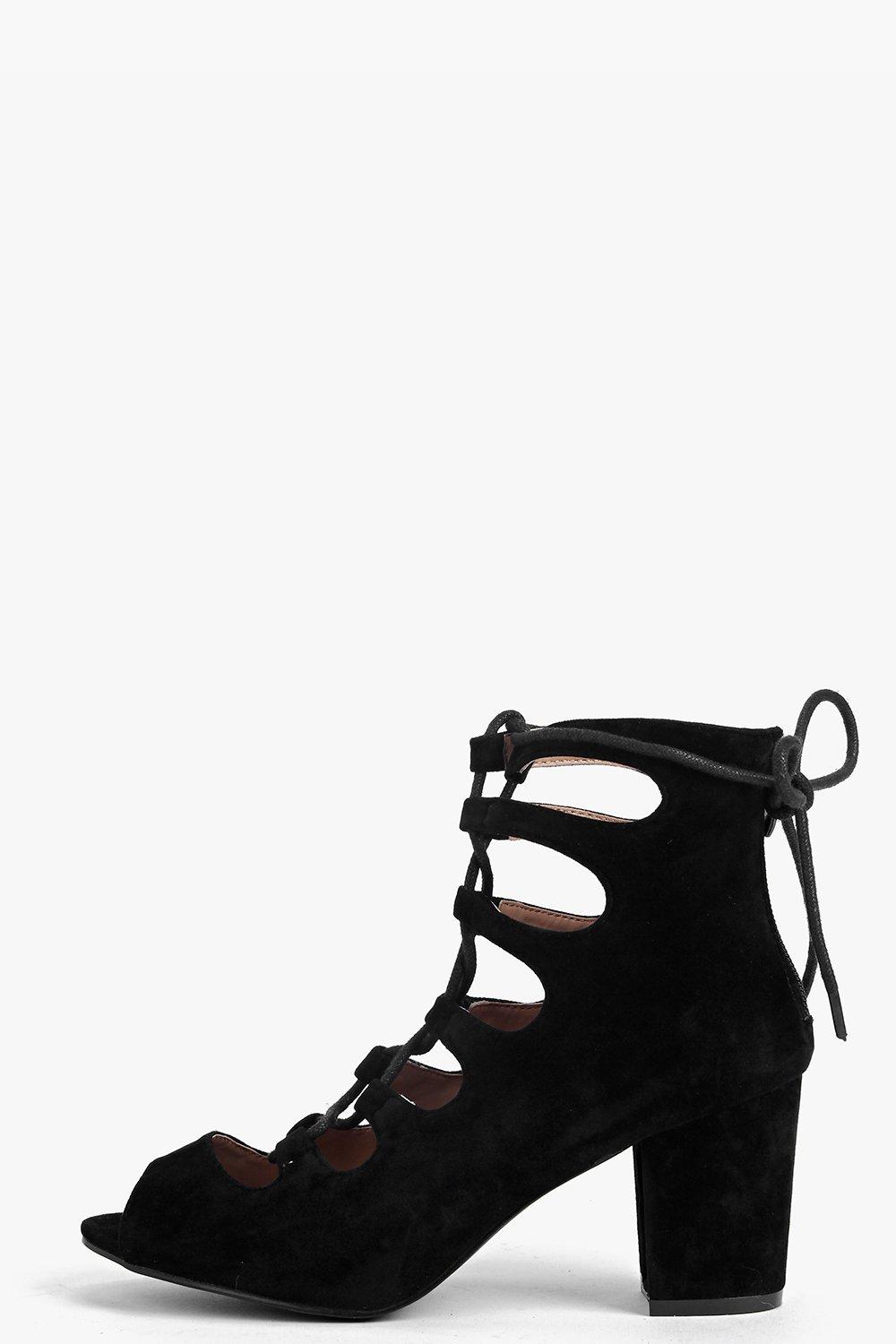 Alice Suedette Lace Up Mid Block Heel Shoe at boohoo.com