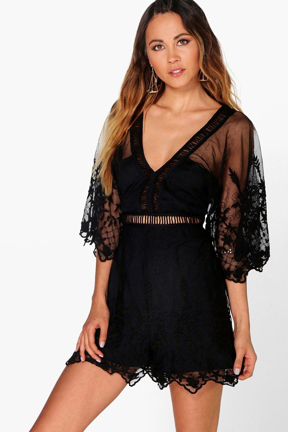 Boutique Sandy Crochet Wide Sleeve Playsuit at boohoo.com