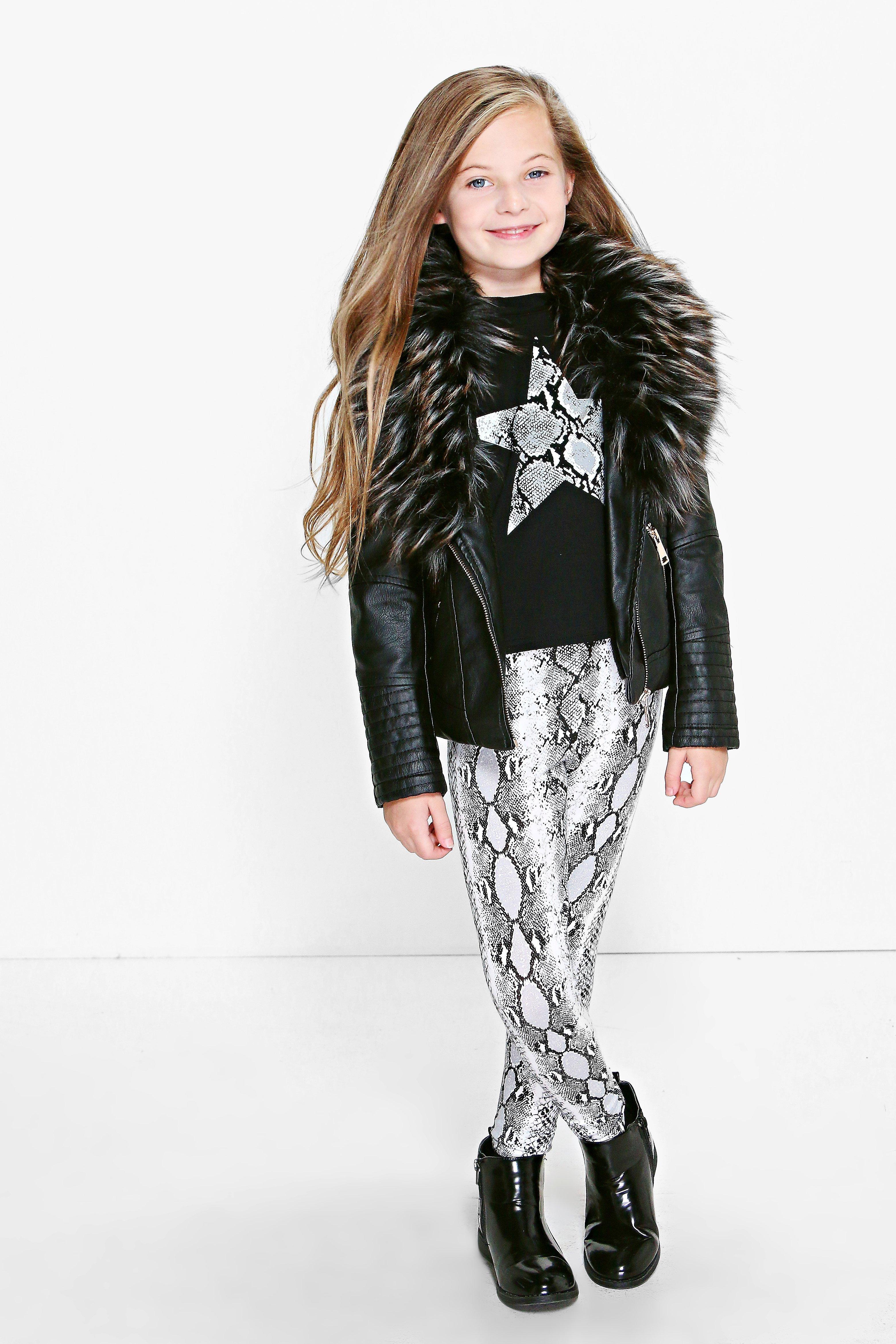 Girls Faux Fur Collar Leather Look Jacket at boohoo.com