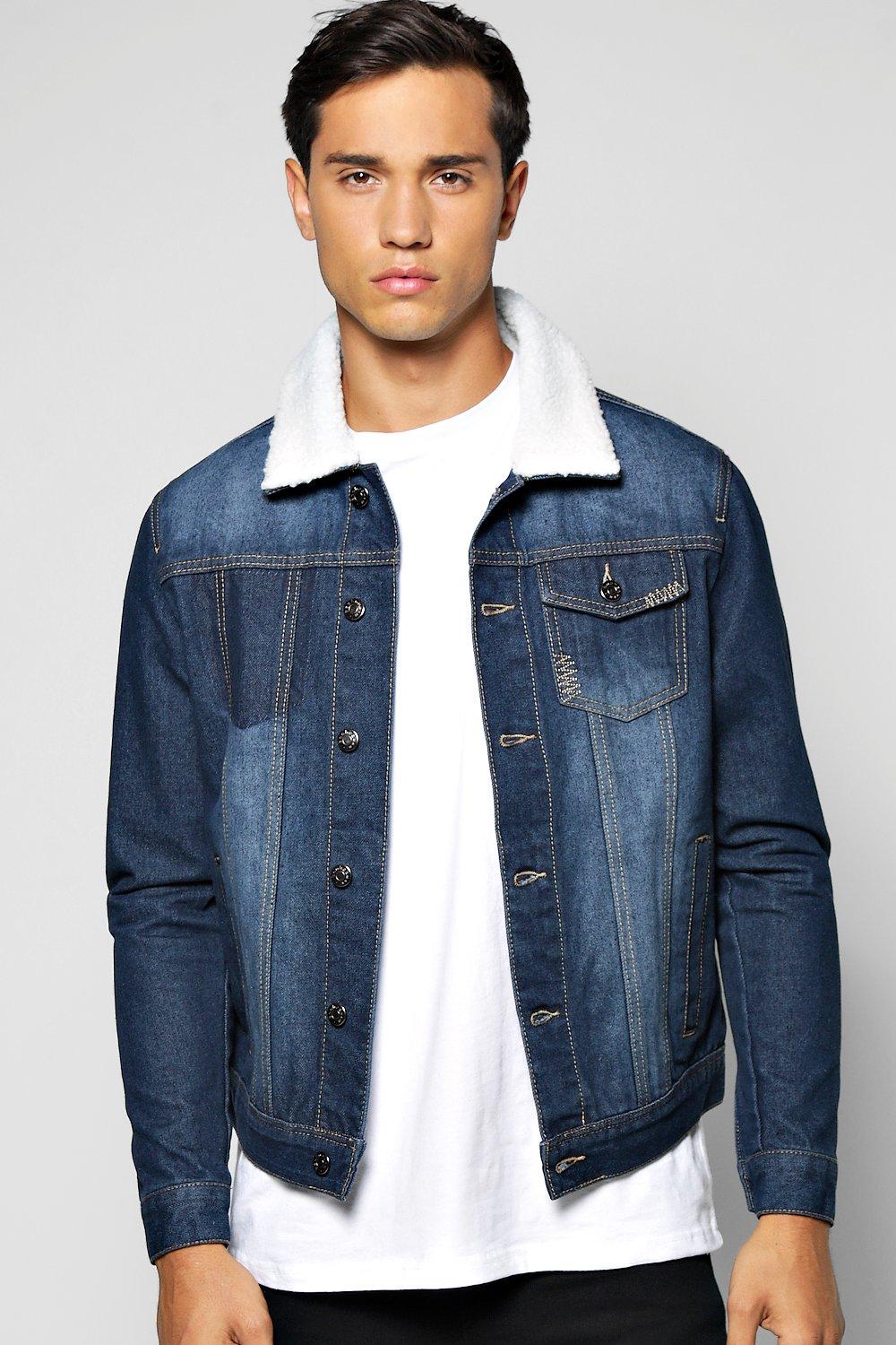 Denim Jacket With Borg Collar at boohoo.com