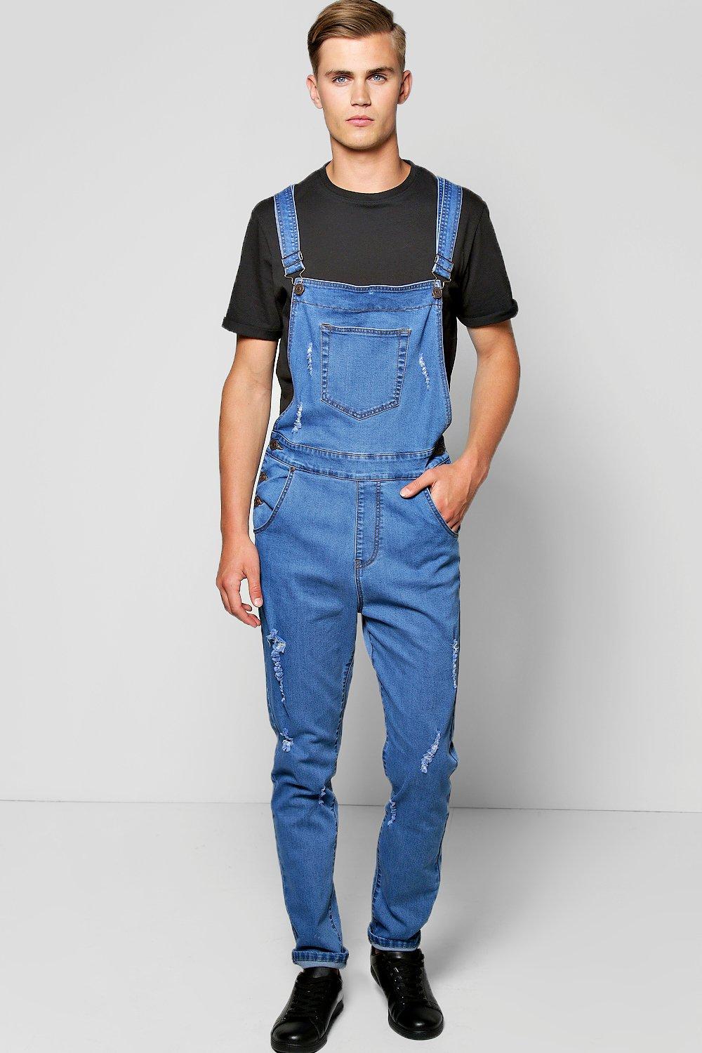 Slim Fit Denim Dungarees With Rips at boohoo.com