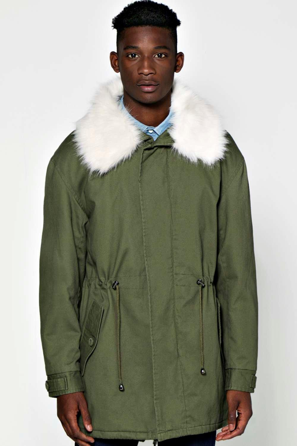 Fishtail Cotton Canvas Parka with Faux Fur Trim at boohoo.com