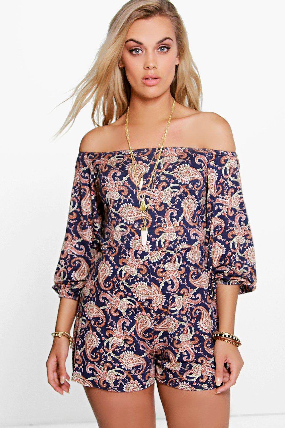 Plus Zoey Paisley Print Off The Shoulder Playsuit at boohoo.com