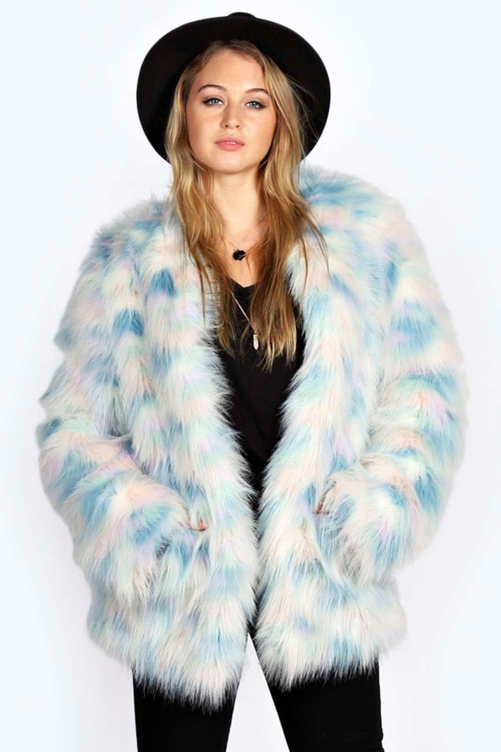 Katja Rainbow Pastel Faux Fur Coat at boohoo.com