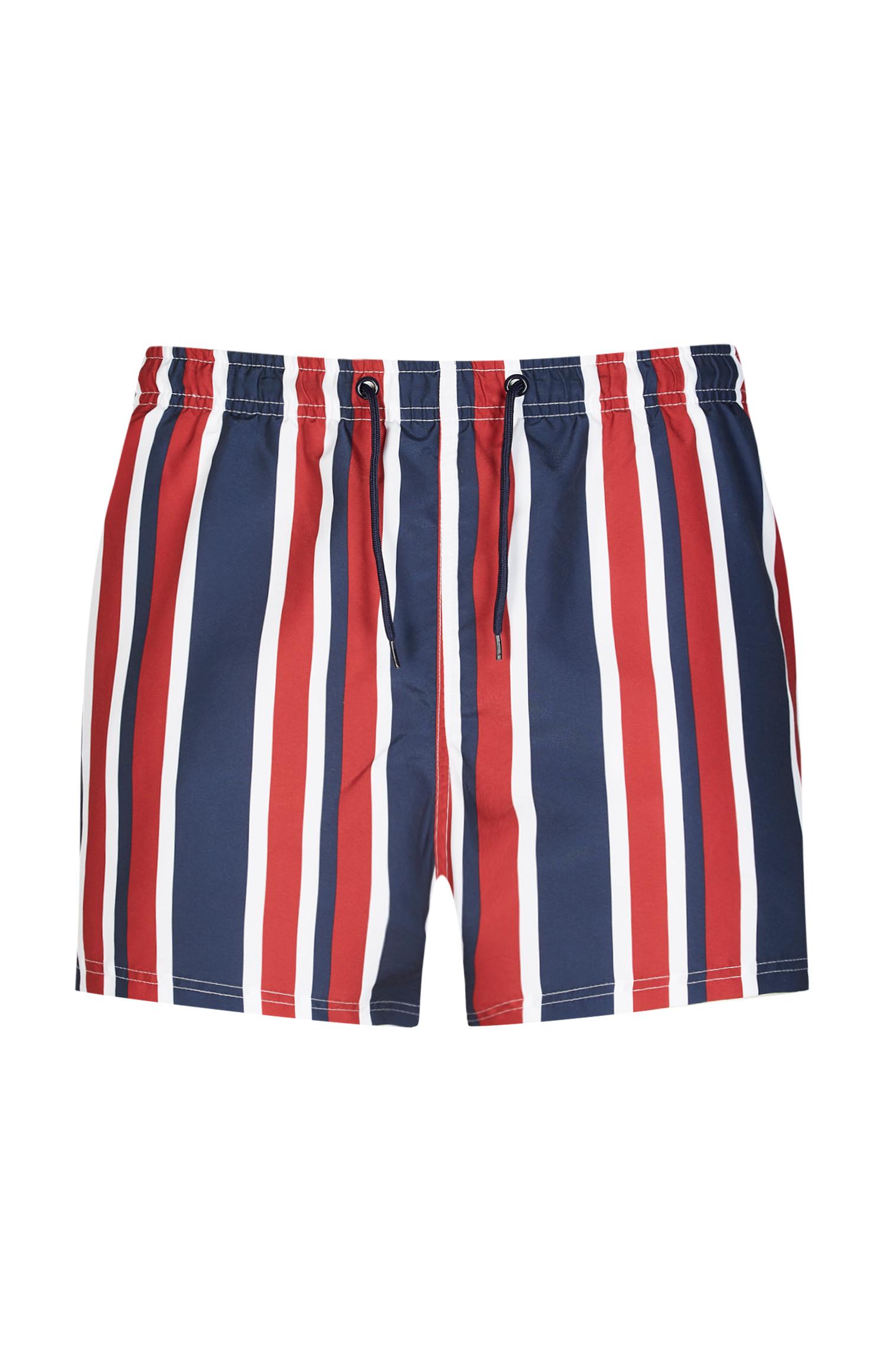 Marineblau-rot gestreifte Badeshorts