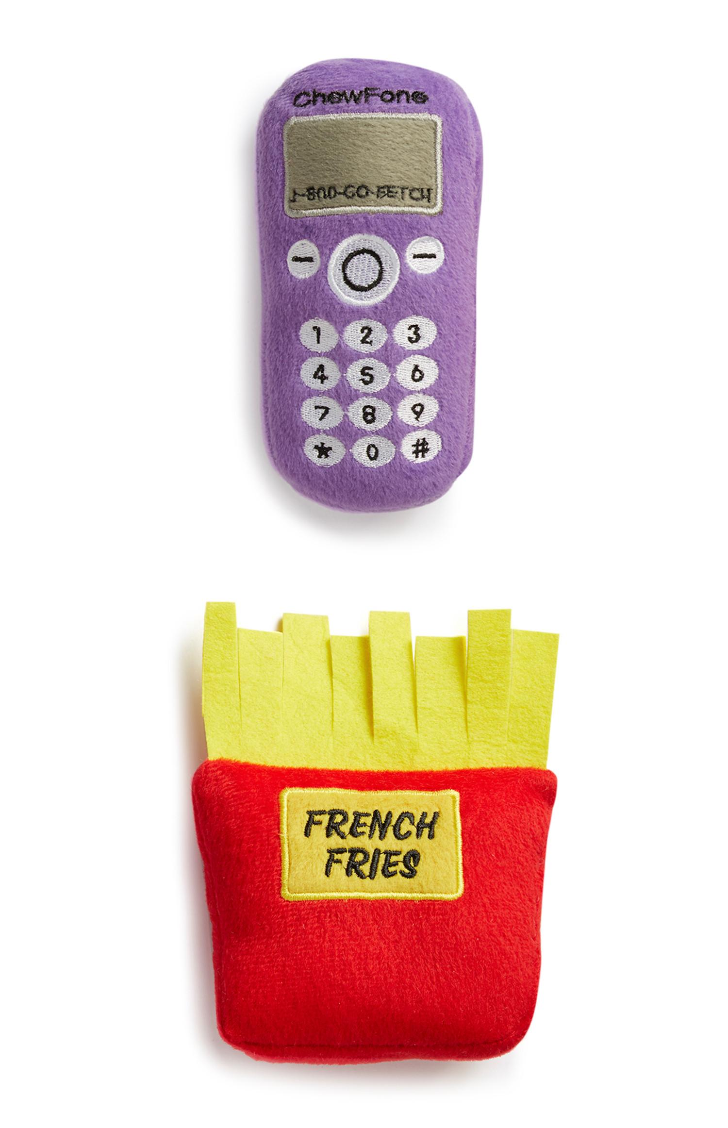 2 giocattoli a forma di patatine fritte e telefono