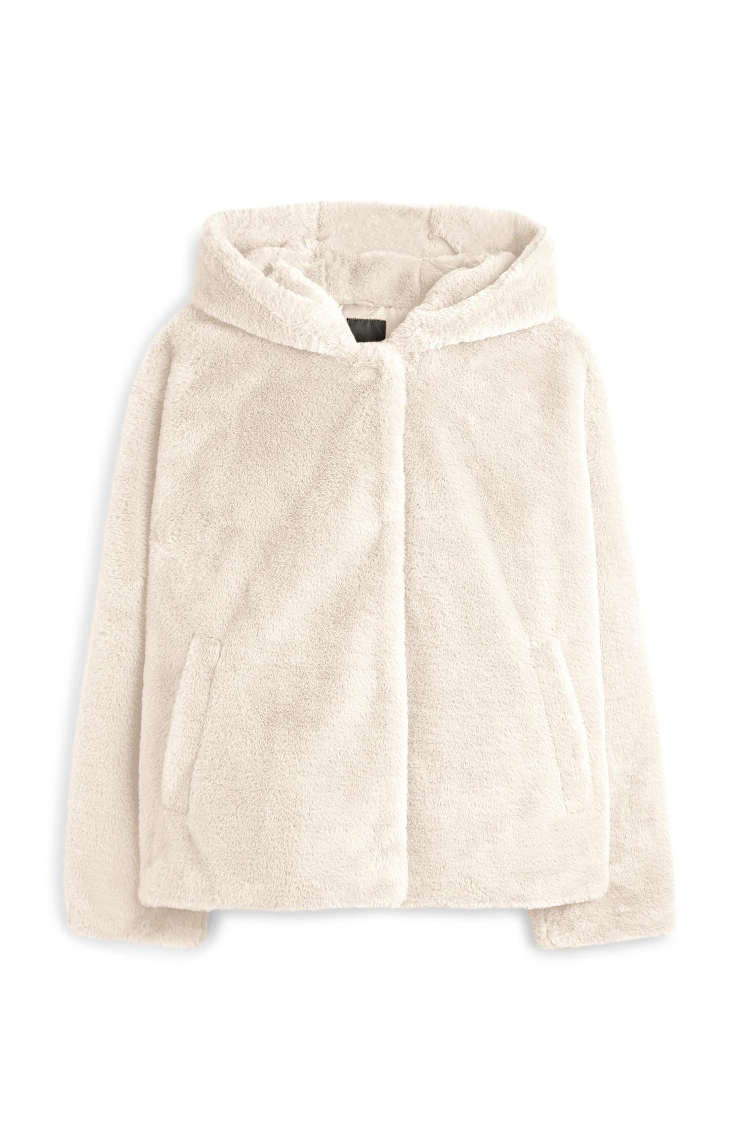 Ecru fleecetrui met bonten capuchon