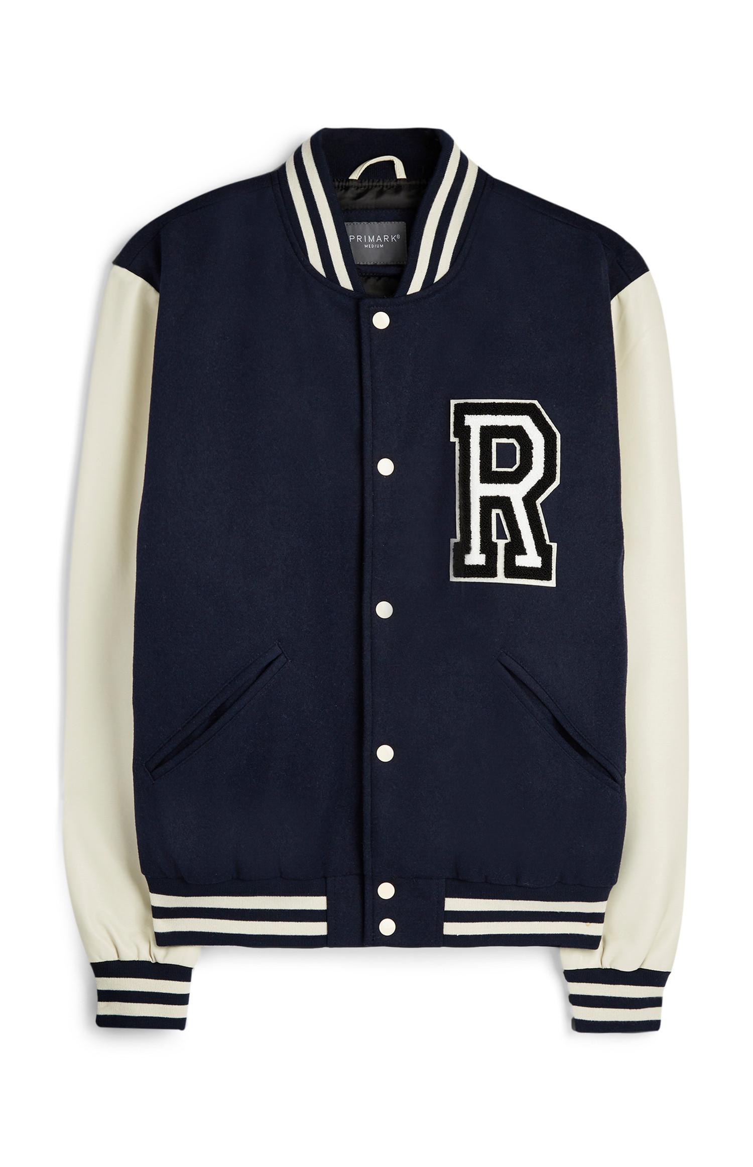 Marineblaue Bomberjacke mit College-Logo