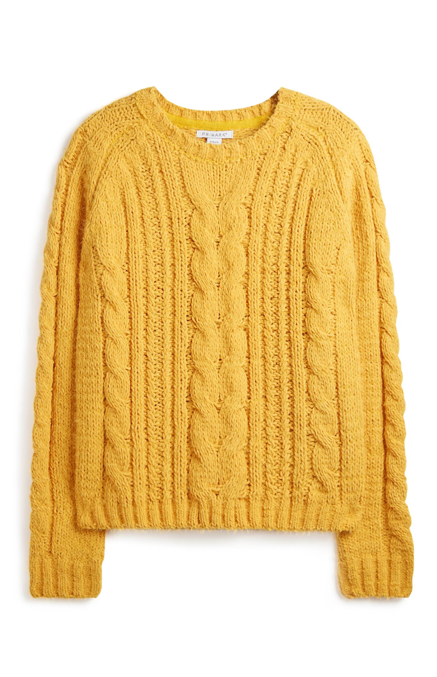Senfgelber Pullover mit Zopfmuster