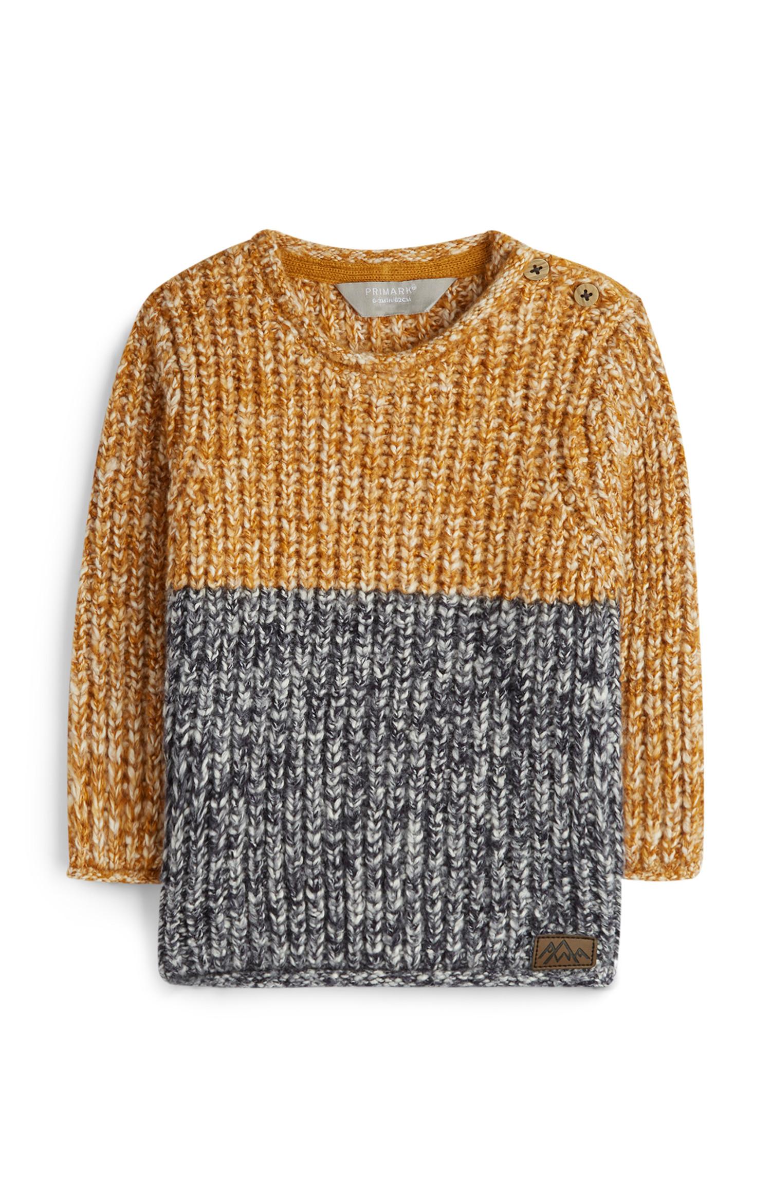 Senfgelb-grauer Grobstrickpullover für Babys (J)