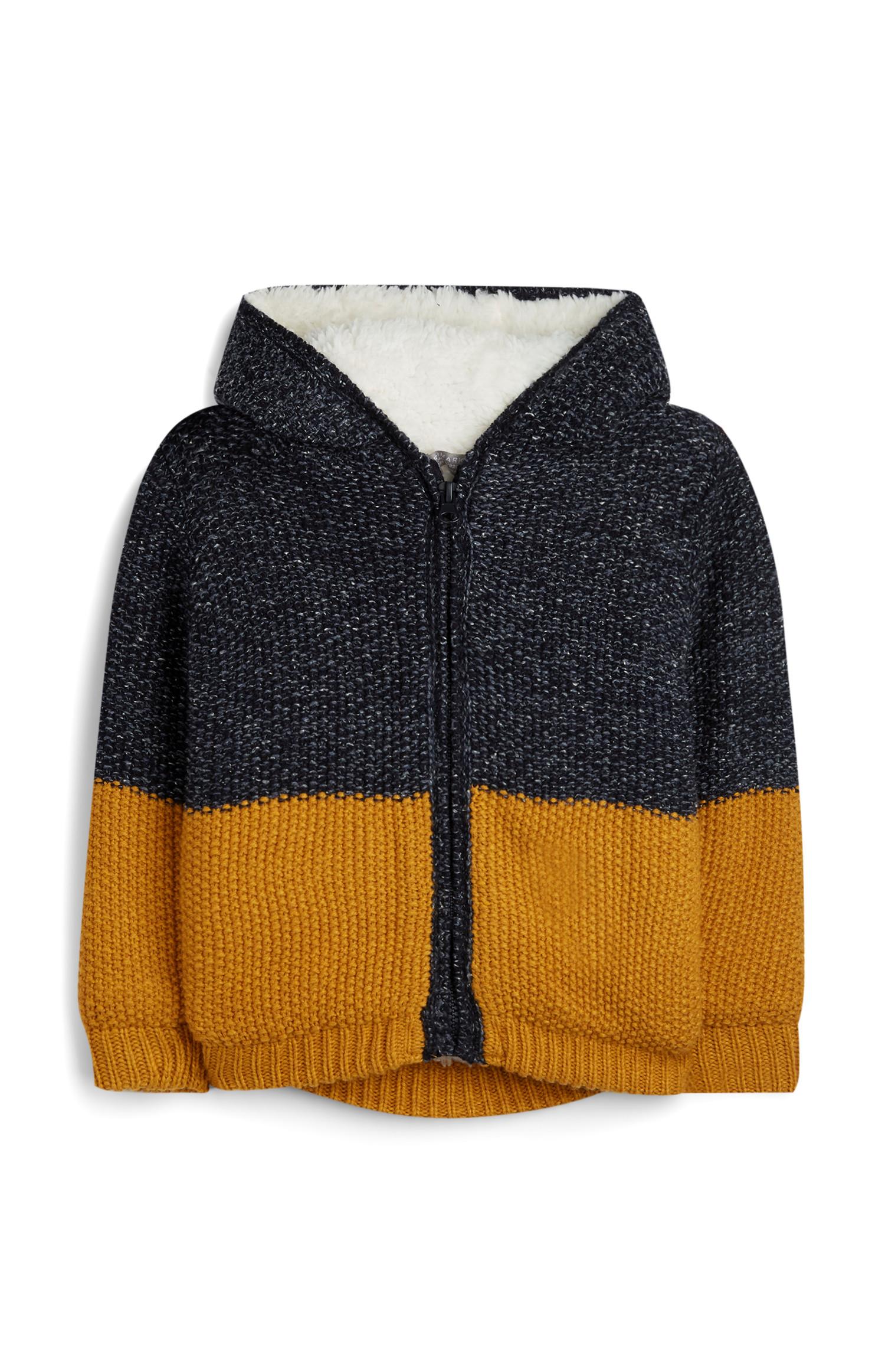 Giacca in sherpa senape e blu navy con cappuccio da bimbo