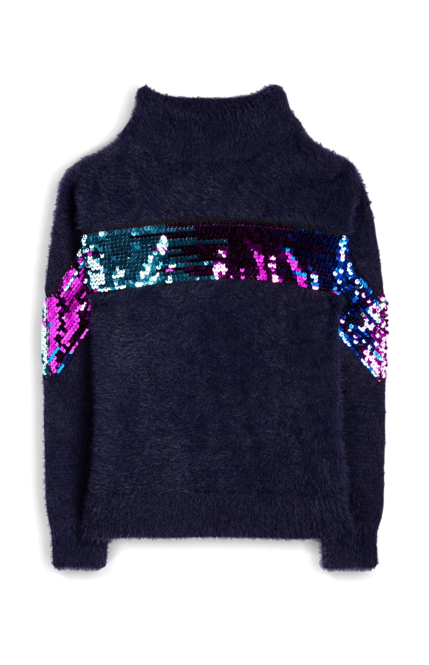 Flauschiger Pullover mit Pailletten-Streifen, marineblau (Teeny Girls)