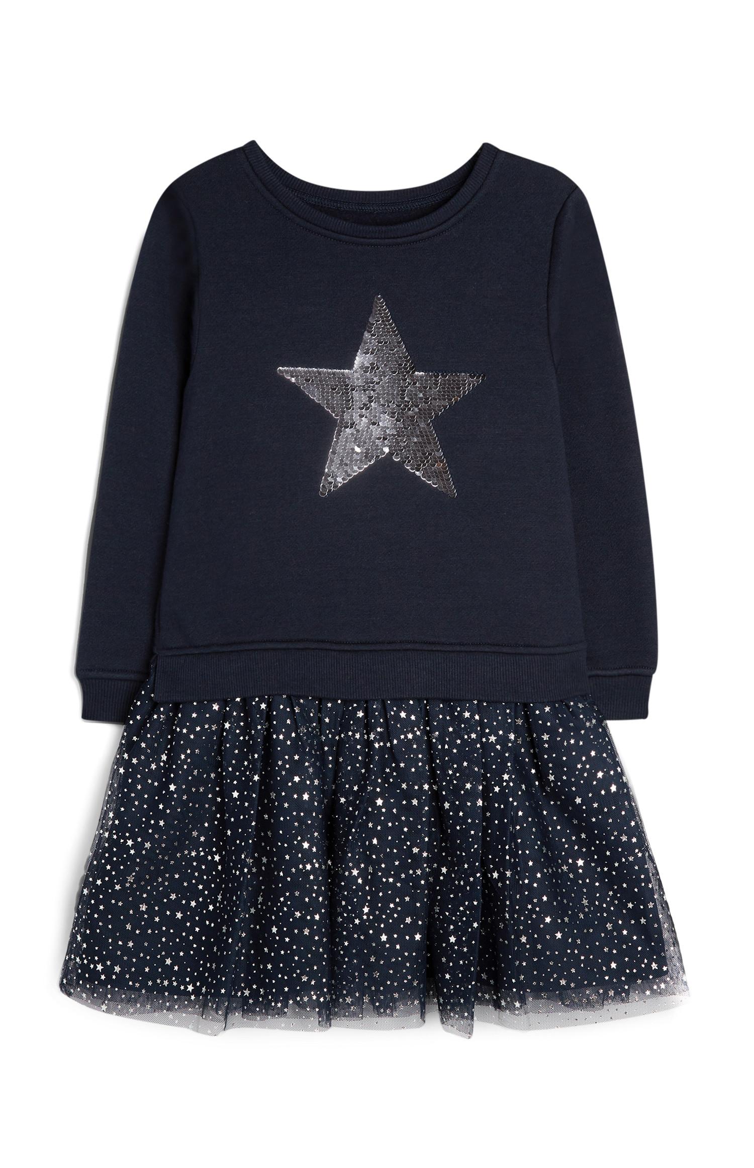Marineblaues Kleid mit Stern-Print und Glitzer-Optik (kleine Mädchen)