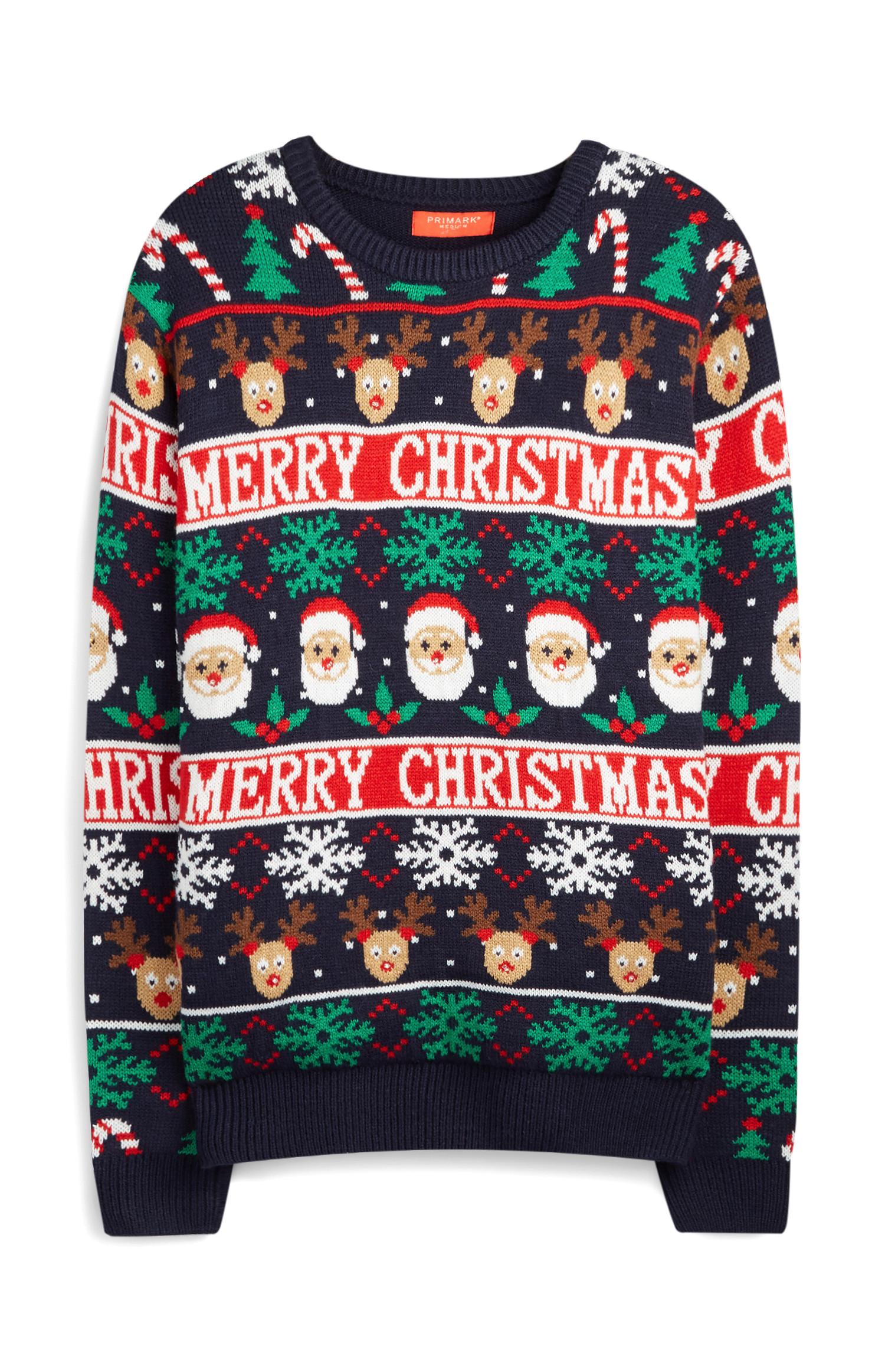 Norweger-Pullover mit Weihnachtsmann- und Renntier-Motiv, marineblau
