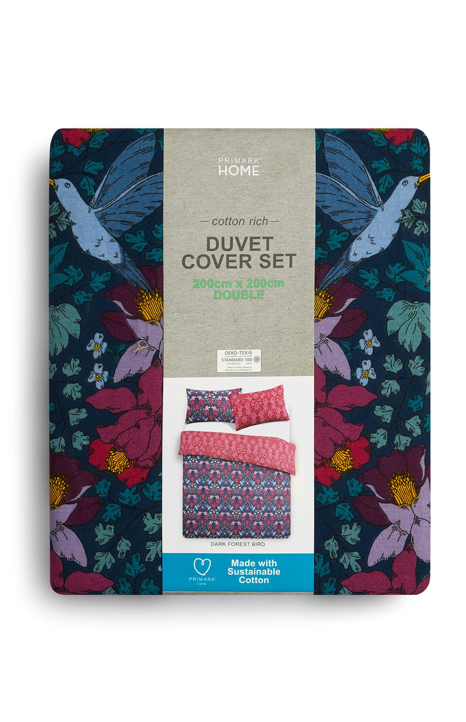 Set piumone double face scuro con uccelli e foresta in cotone sostenibile