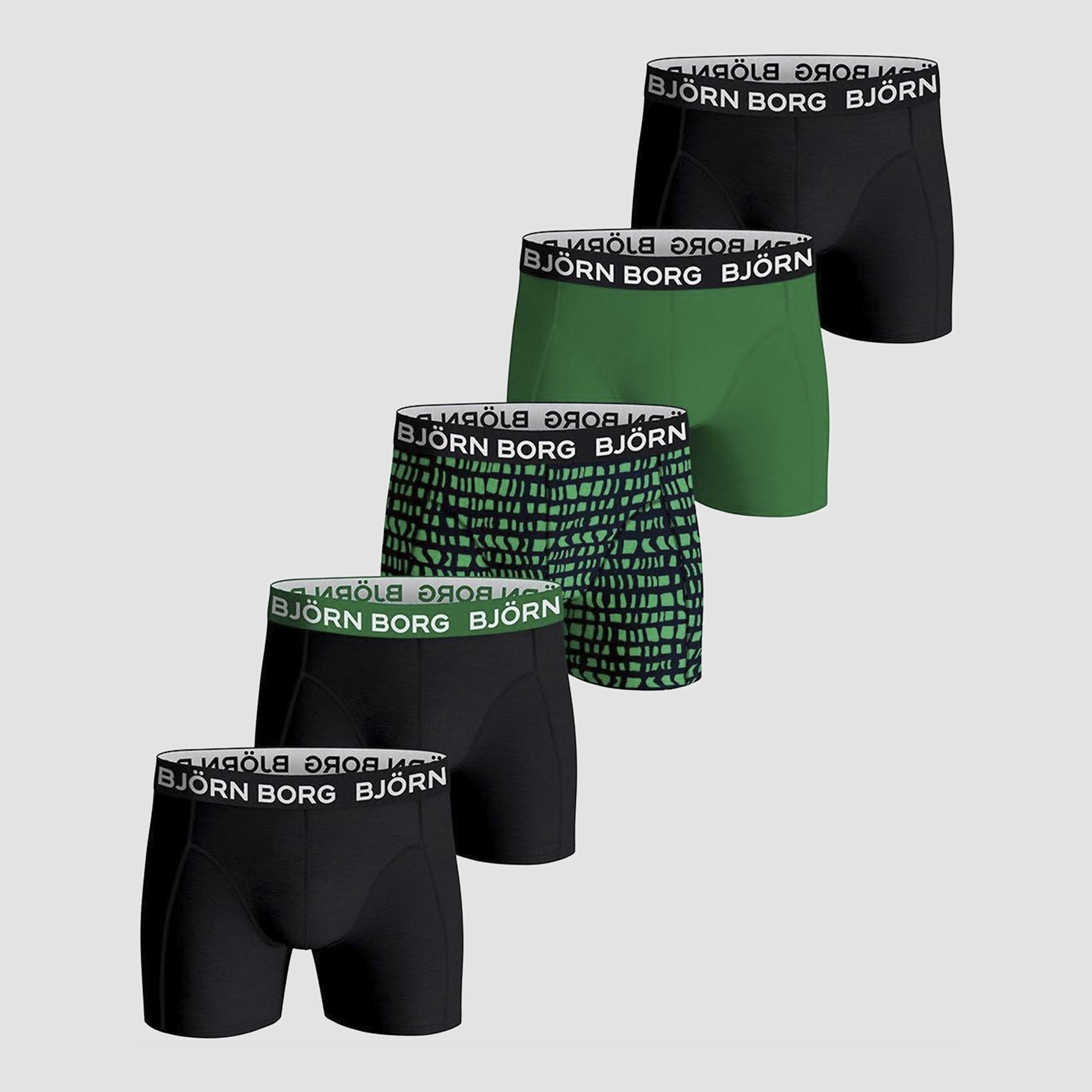 Björn Borg boxershorts Essential ( 5-pack) - Cotton Stretch boxers normale lengte - zwart met groen en print - Maat: XL