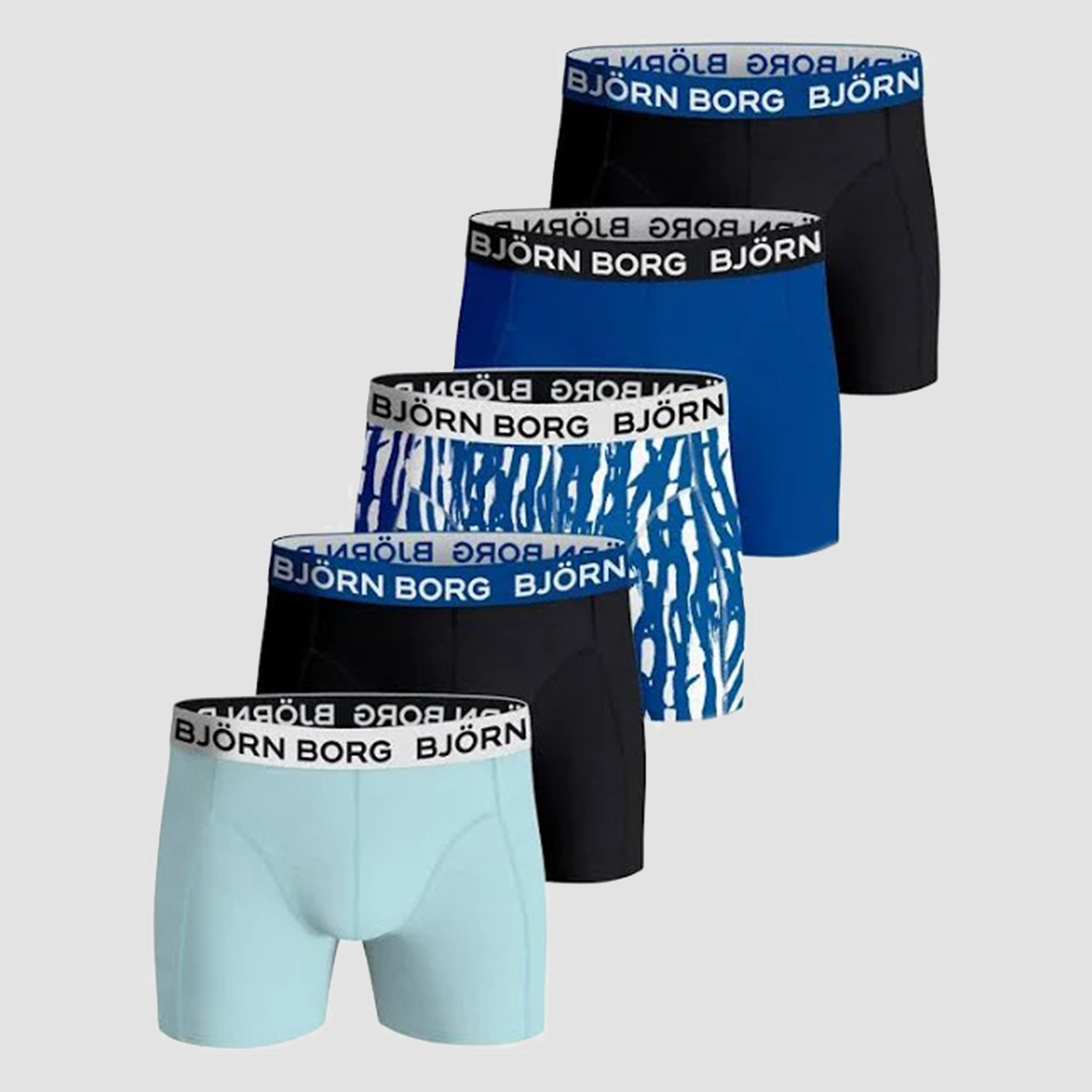 Björn Borg boxershorts Essential ( 5-pack) - Cotton Stretch boxers normale lengte - zwart - mint - kobalt en print - Maat: S
