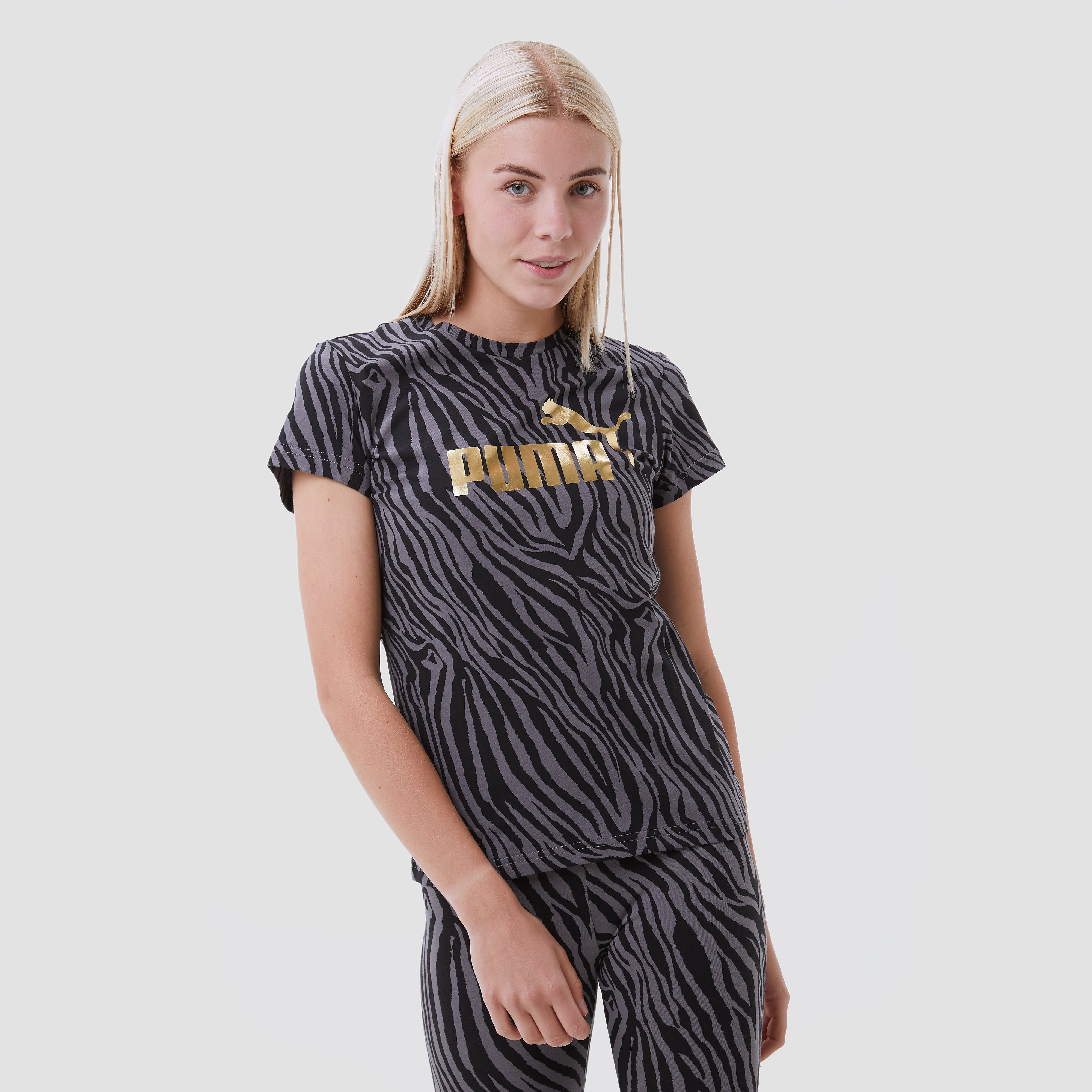 Puma Essentials+ Tiger All Over Print Shirt Zwart/Grijs Dames - Maat S