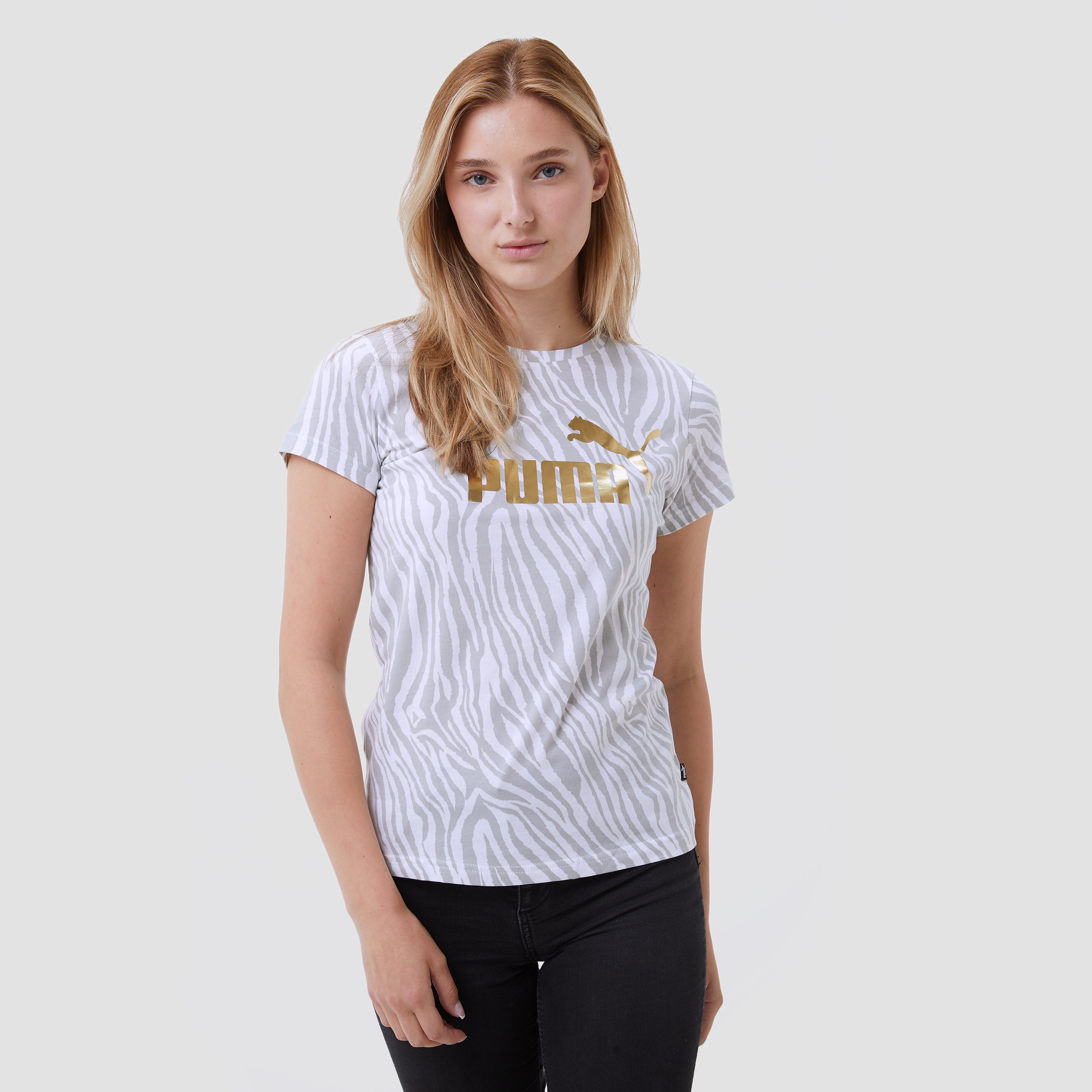 Puma Essentials+ Tiger All Over Print Shirt Wit/Grijs Dames - Maat S