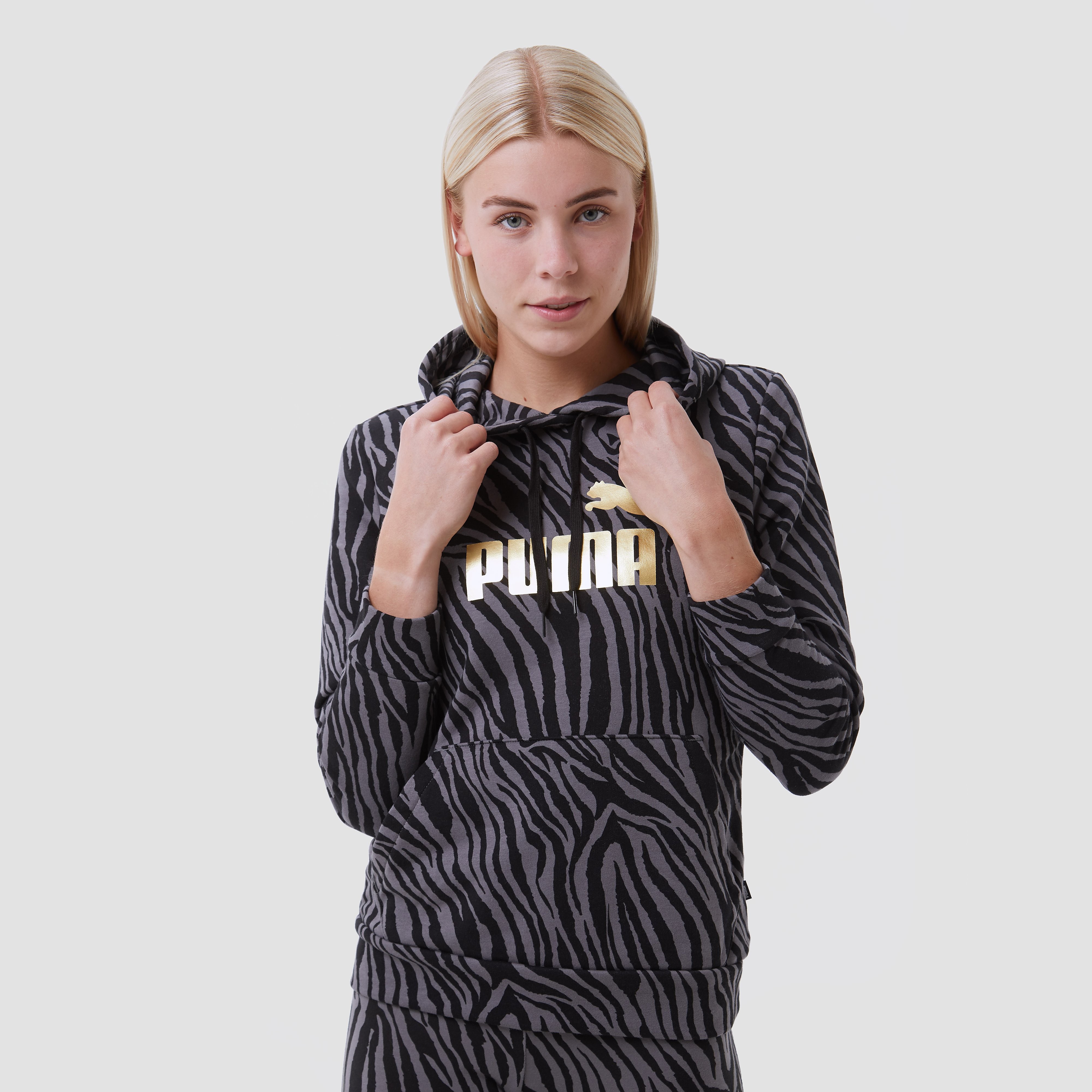 Puma Essentials+ Tiger All Over Print Trui / Hoodie - Zwart/Grijs Dames - Maat XS