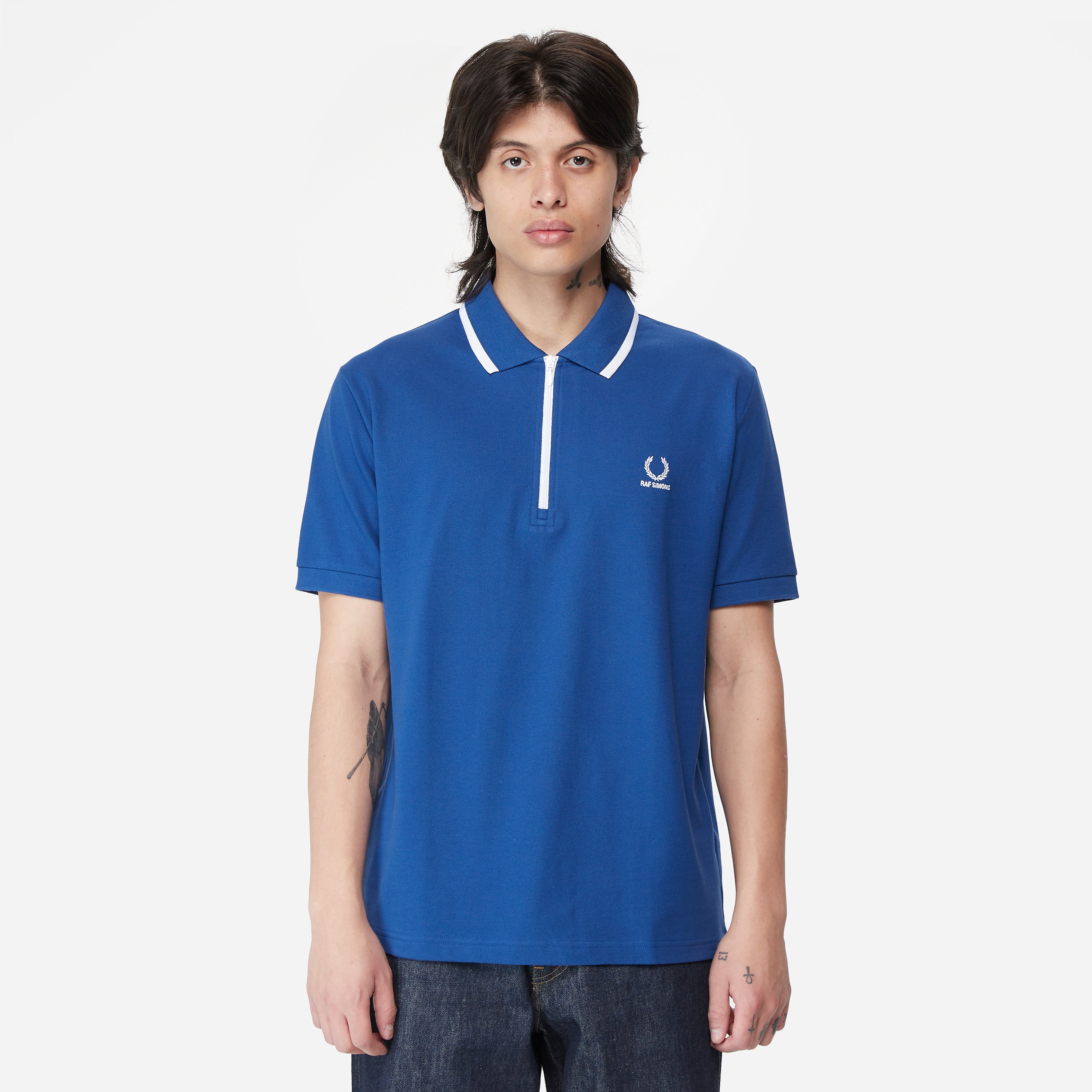 Fred Perry x Raf Simons Half Zip Polo Shirt, Blue - Curated Menswear