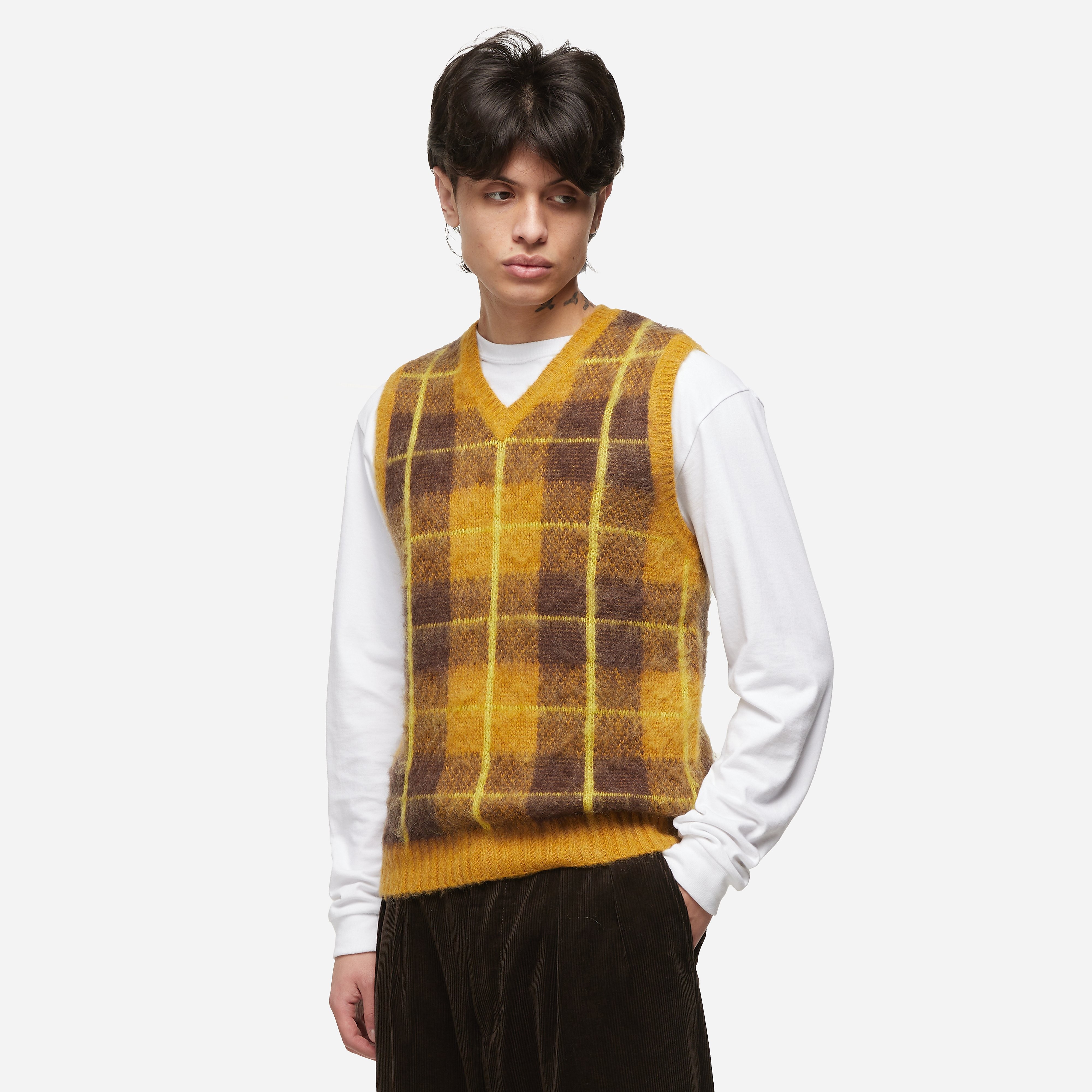 Beams Plus Mohair Check Knit Vest, Yellow - Curated Menswear