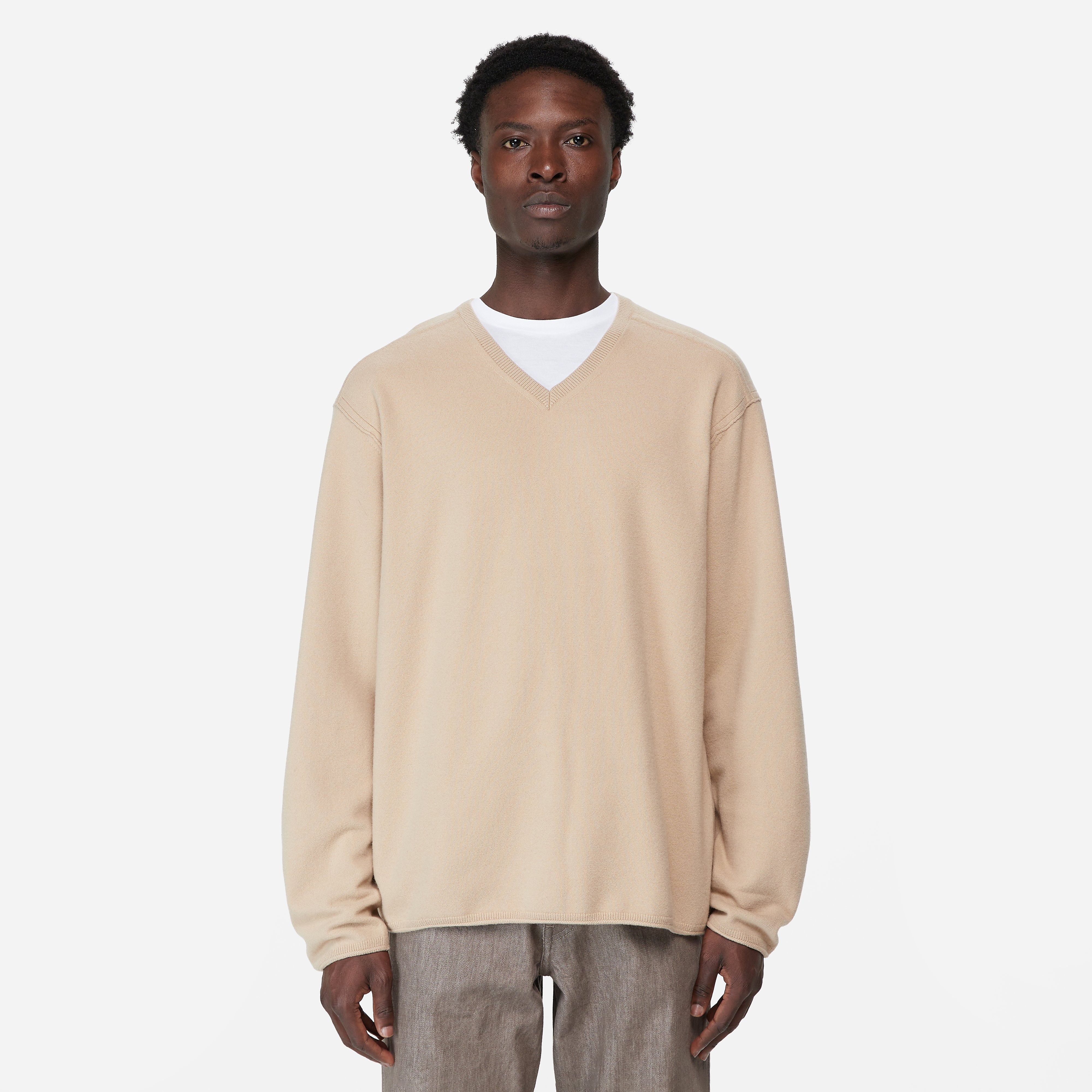 Auralee Felt Wool V-Neck Knit, Beige - Curated Menswear