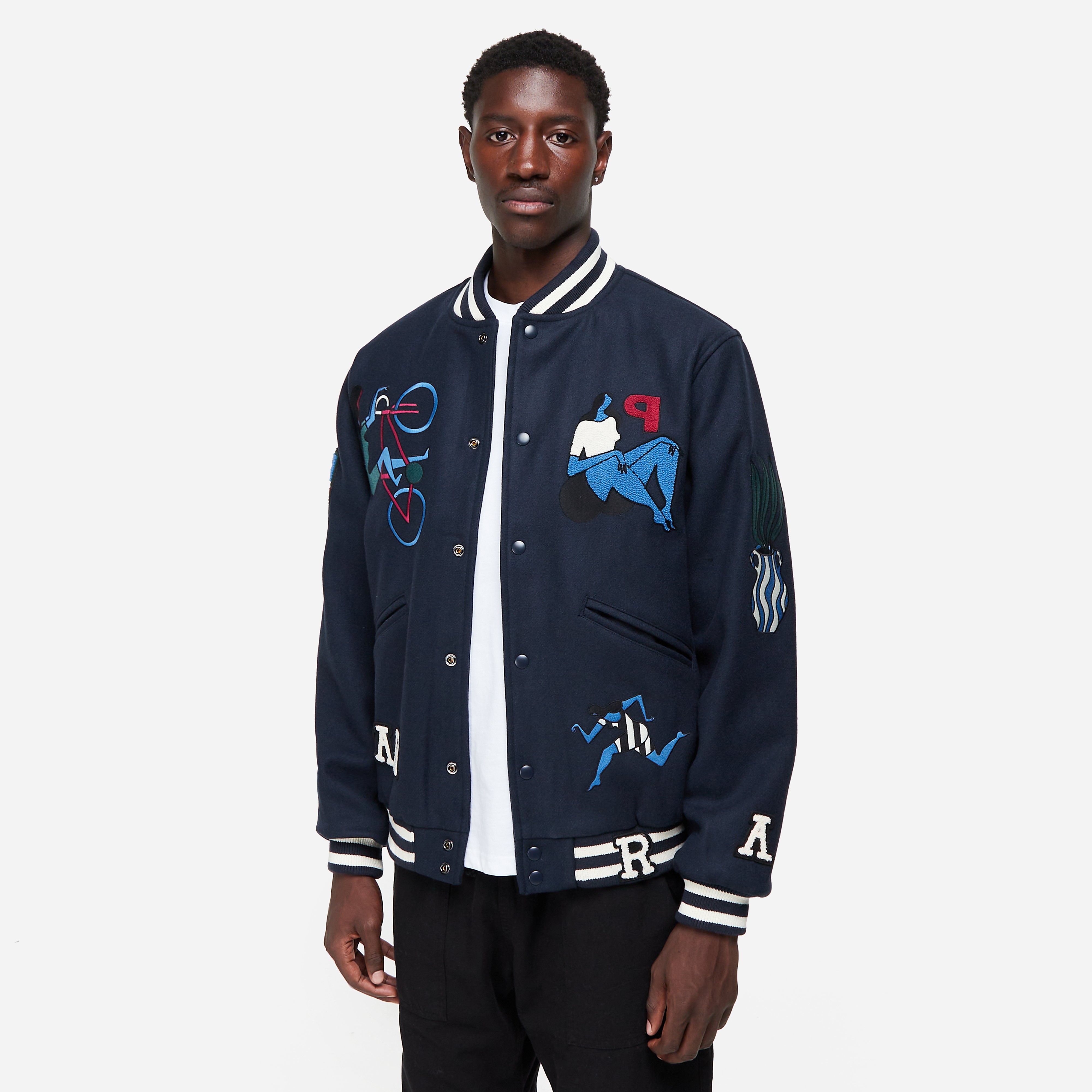 by Parra Run & Sit Bike Varsity Jacket, Navy - Curated Menswear