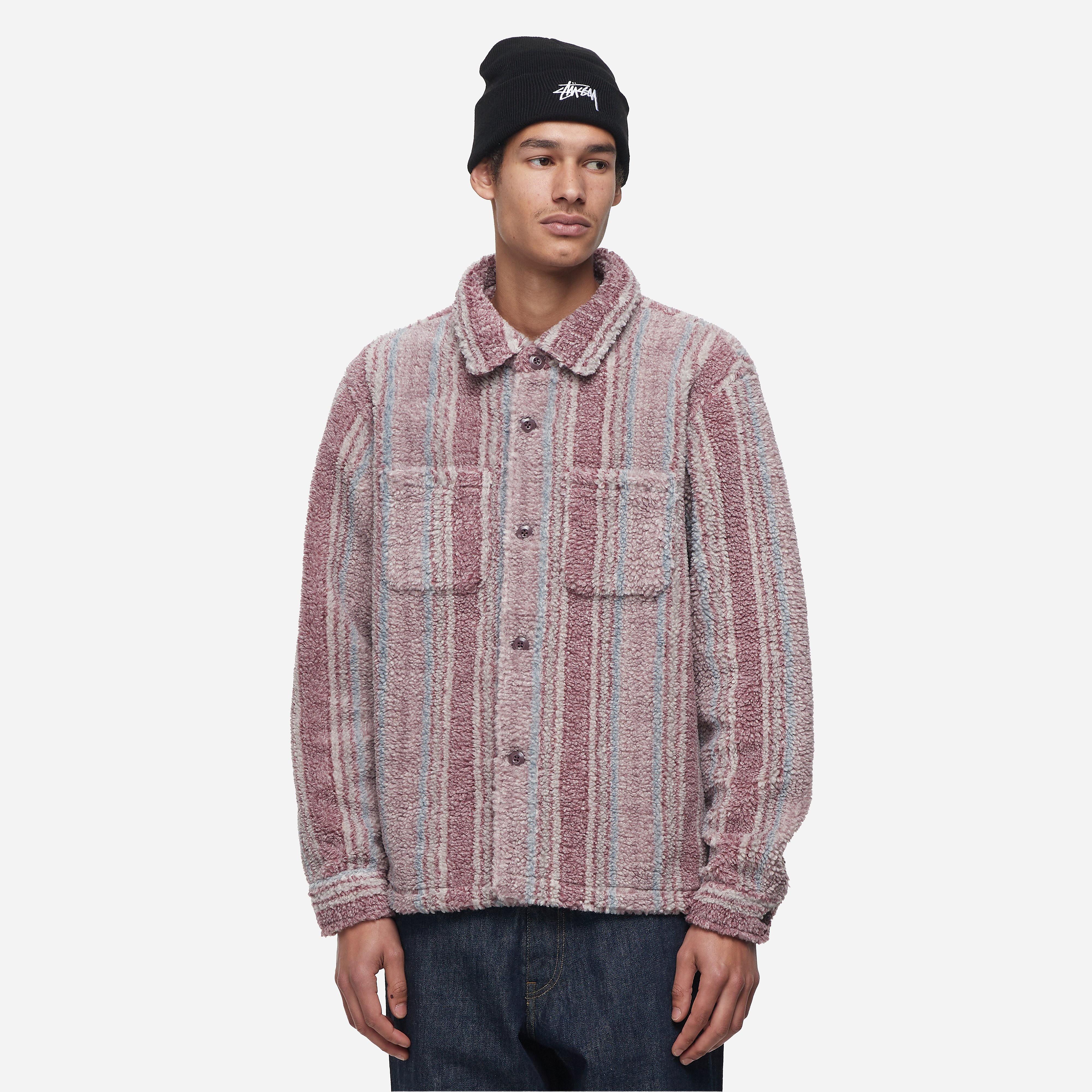 Stussy Striped Sherpa Shirt, Purple - Curated Menswear