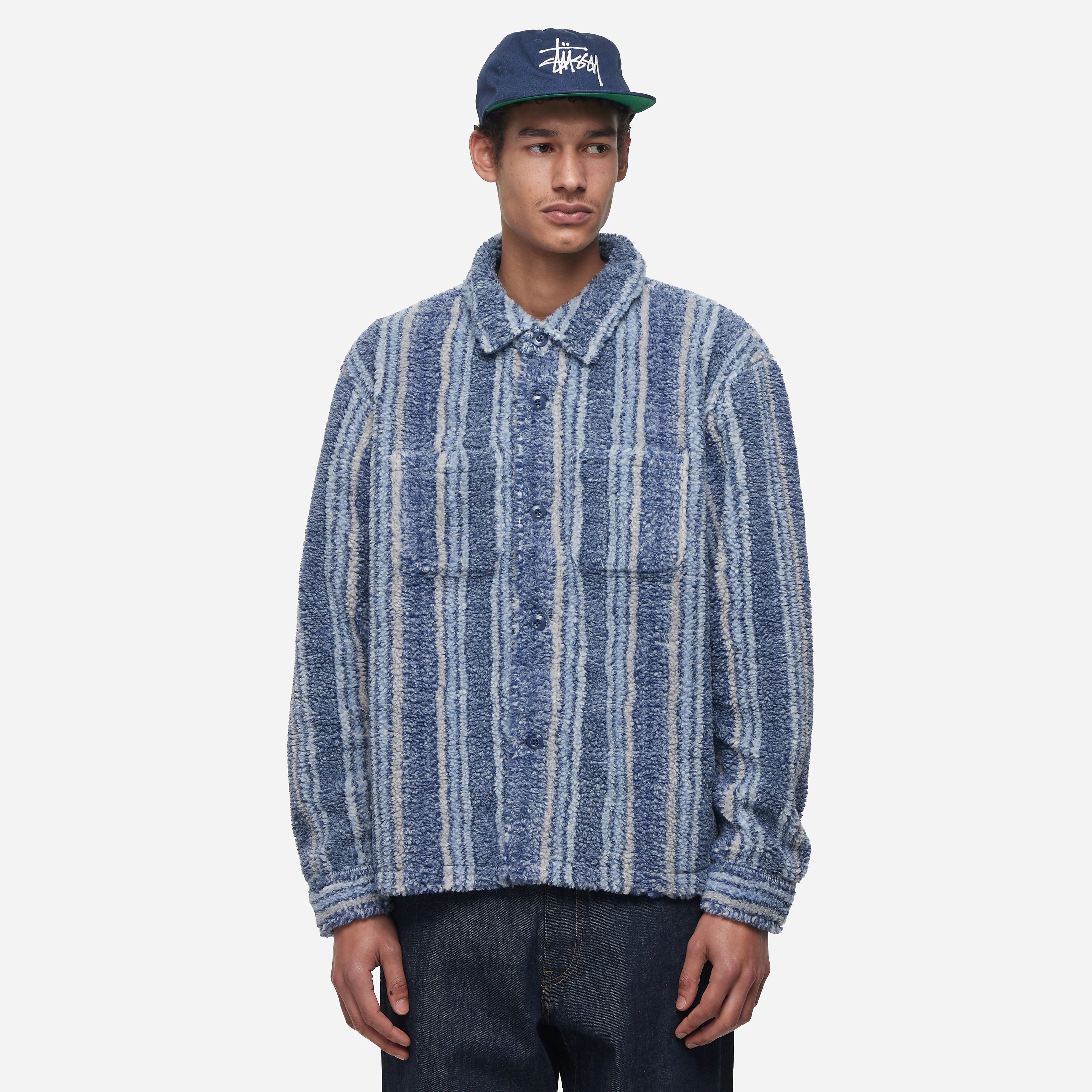 Stussy Striped Sherpa Shirt, Blue - Curated Menswear
