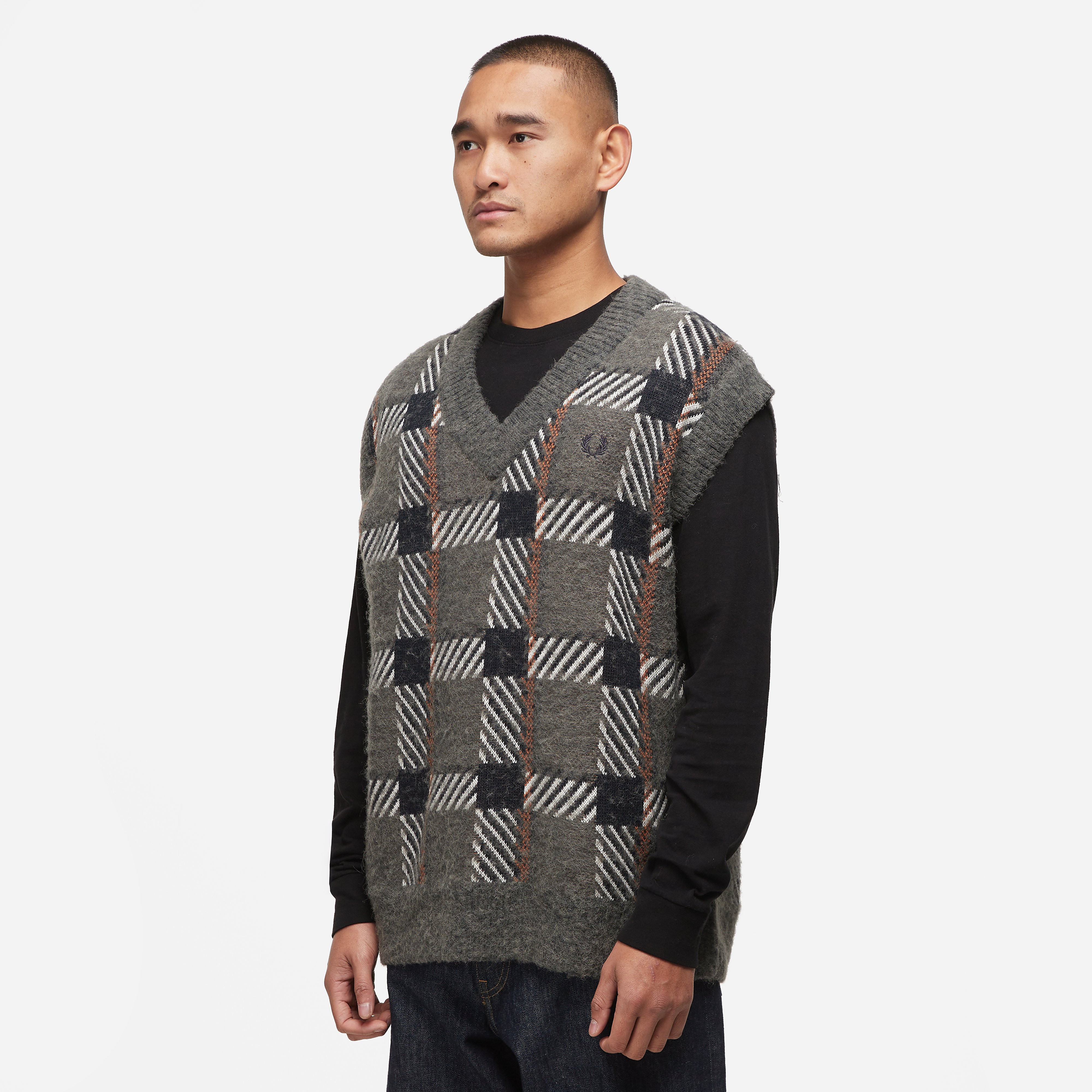 Fred Perry Glitch Tartan Knitted Tank, Grey - Curated Menswear