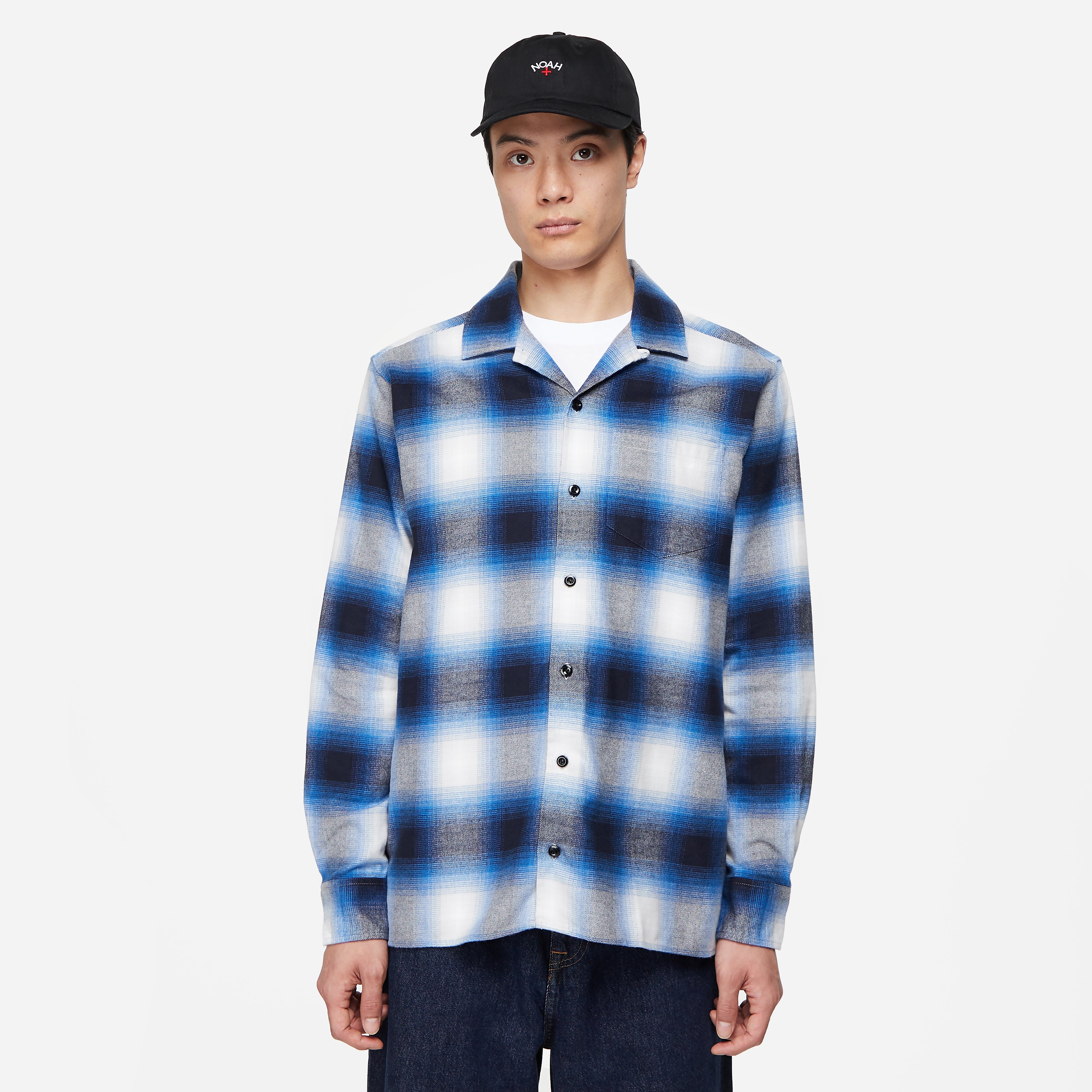 Noah Lightweight Shadow Plaid Flannel Shirt, Blue - Curated Menswear