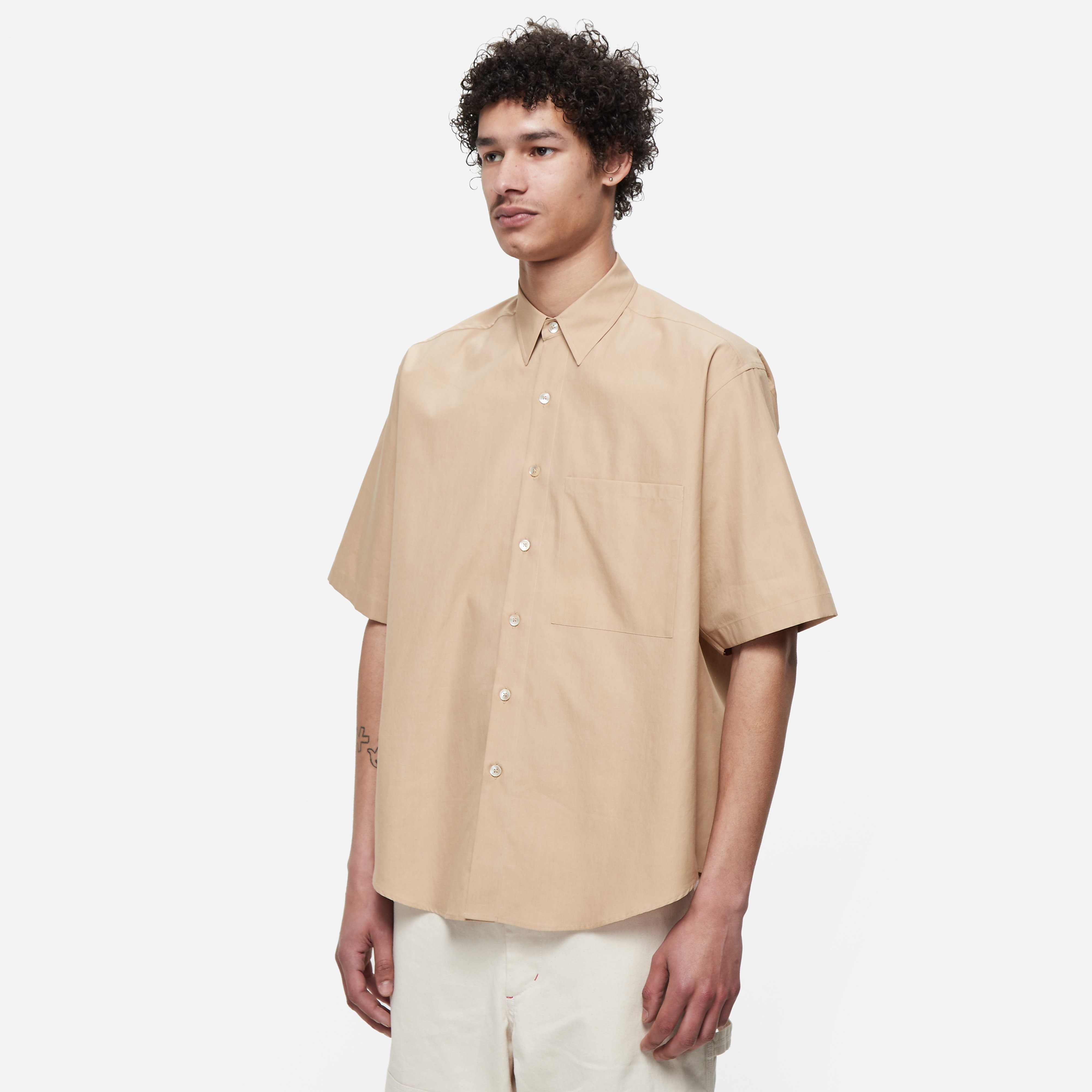 Auralee Washed Finx Twill Big Half Sleeved Shirt, Brown