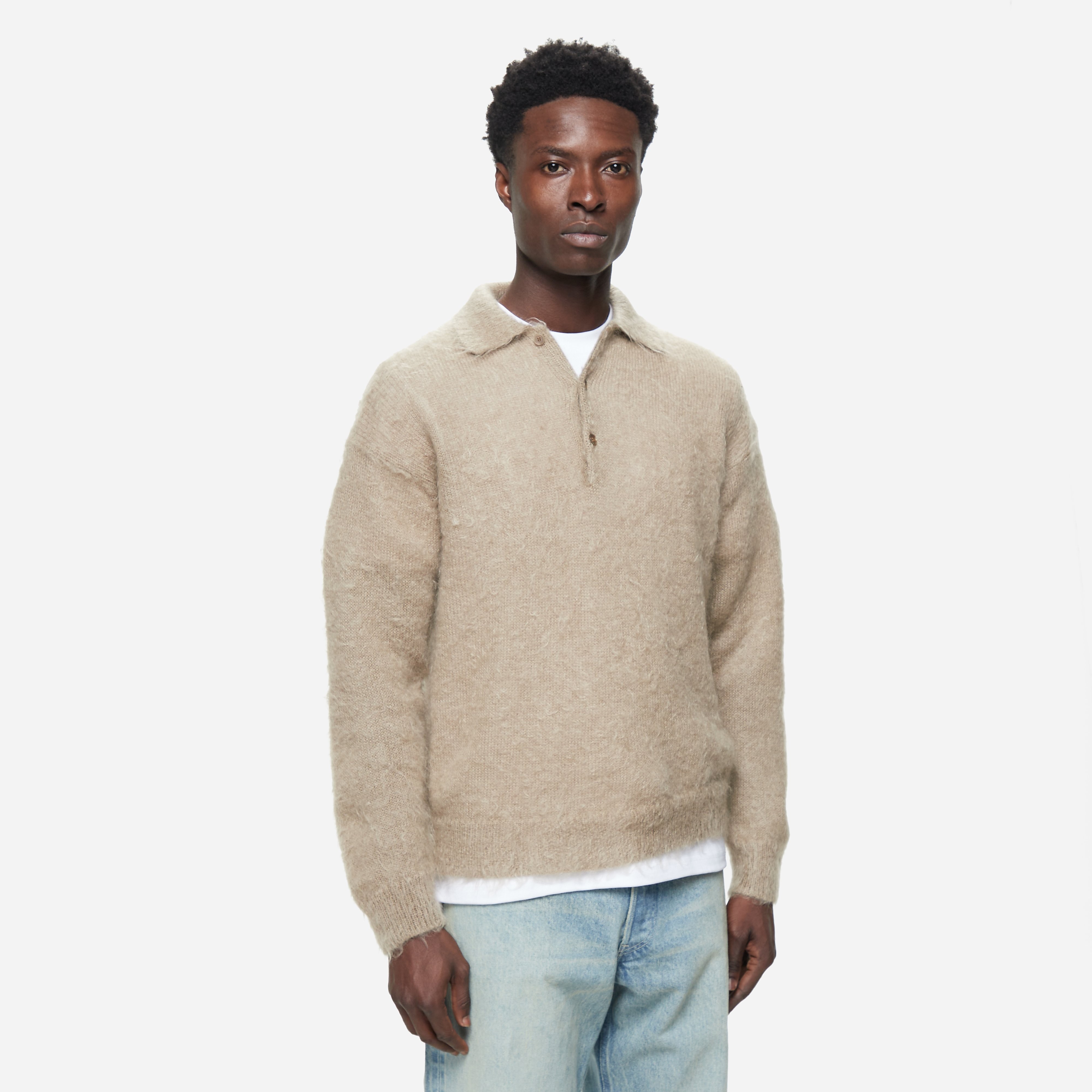 Auralee Felt Wool V-Neck Knit, Beige - Curated Menswear