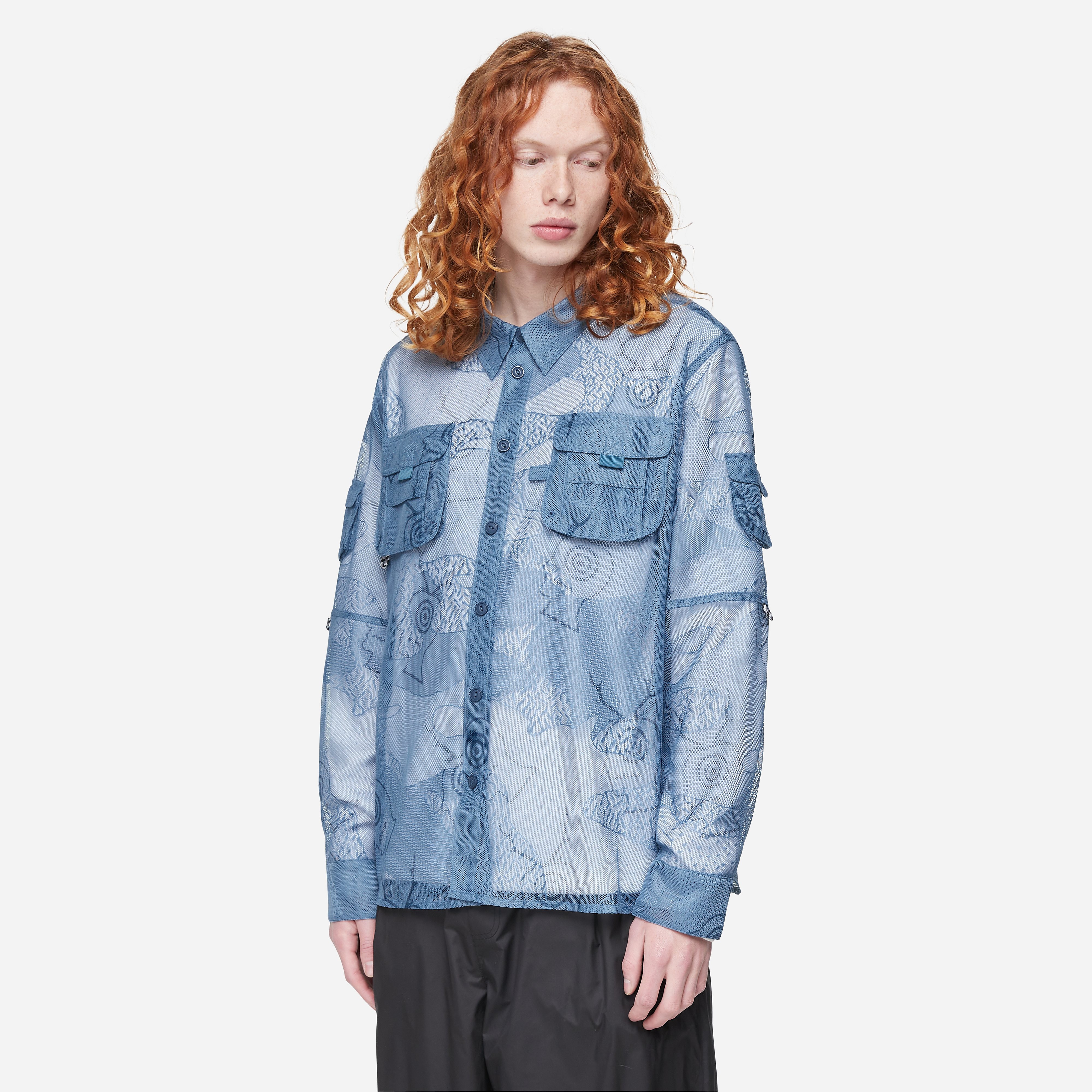 Brain Dead x South2 West8 Engineered Mesh Fishing Shirt, Blue