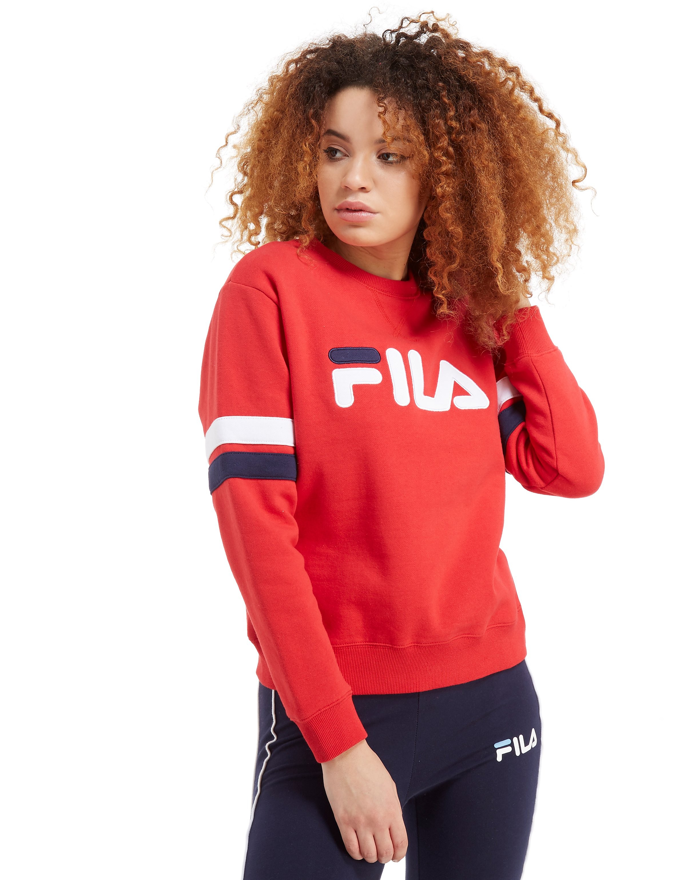 Fila Stripe Sleeve Crew Sweatshirt - Red/White/Navy - Womens, Red/White/Navy