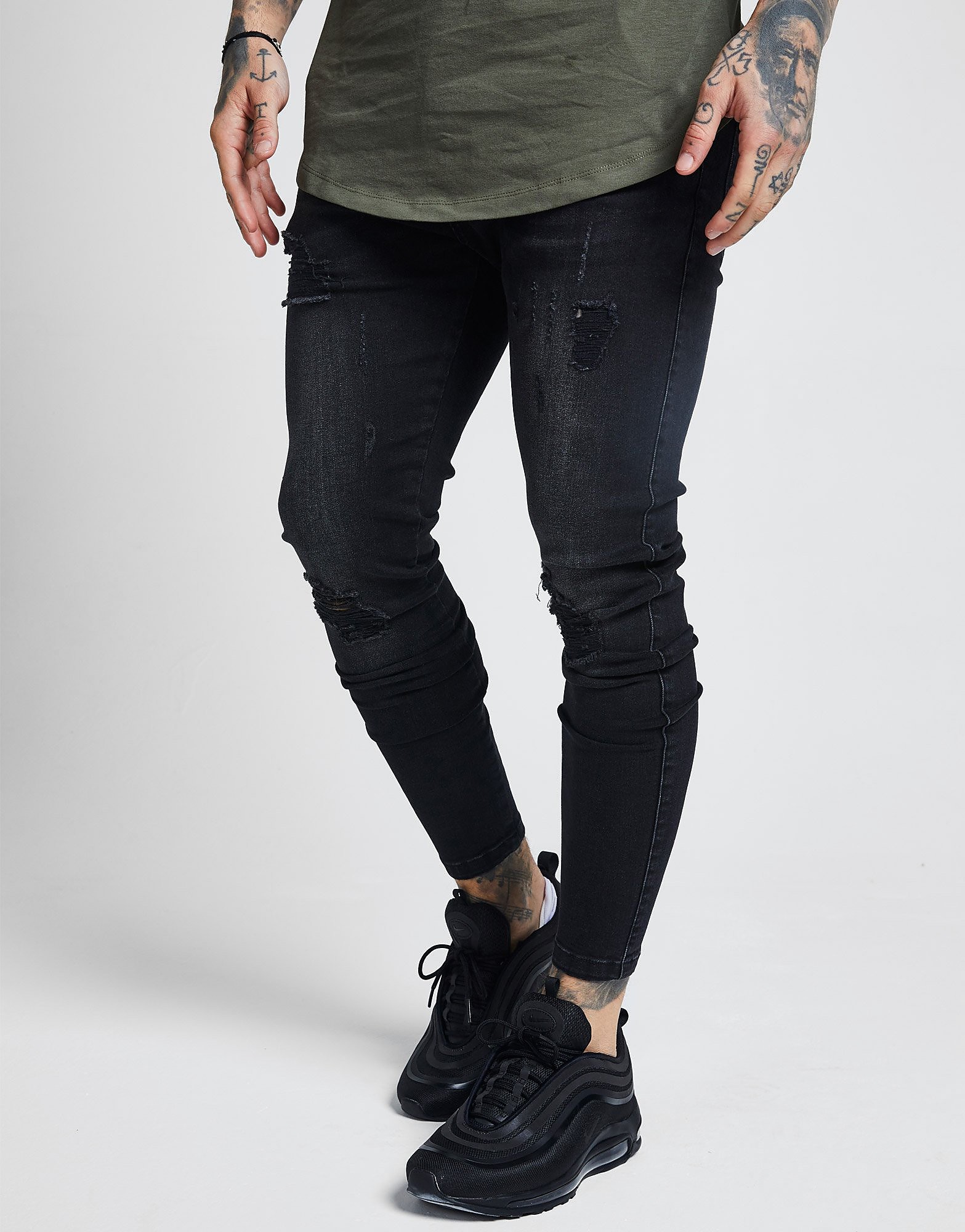Siksilk Rip Washed Skinny Jeans Heren Zwart siksilk kopen in de aanbieding