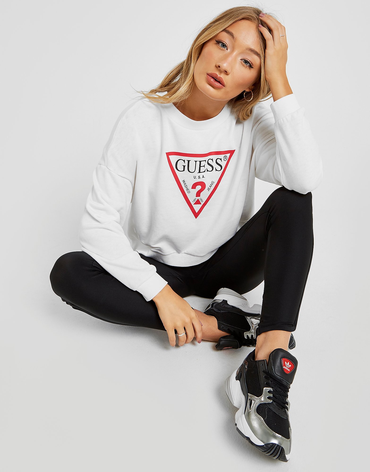 

GUESS Icon Crew Sweatshirt - White - Womens, White