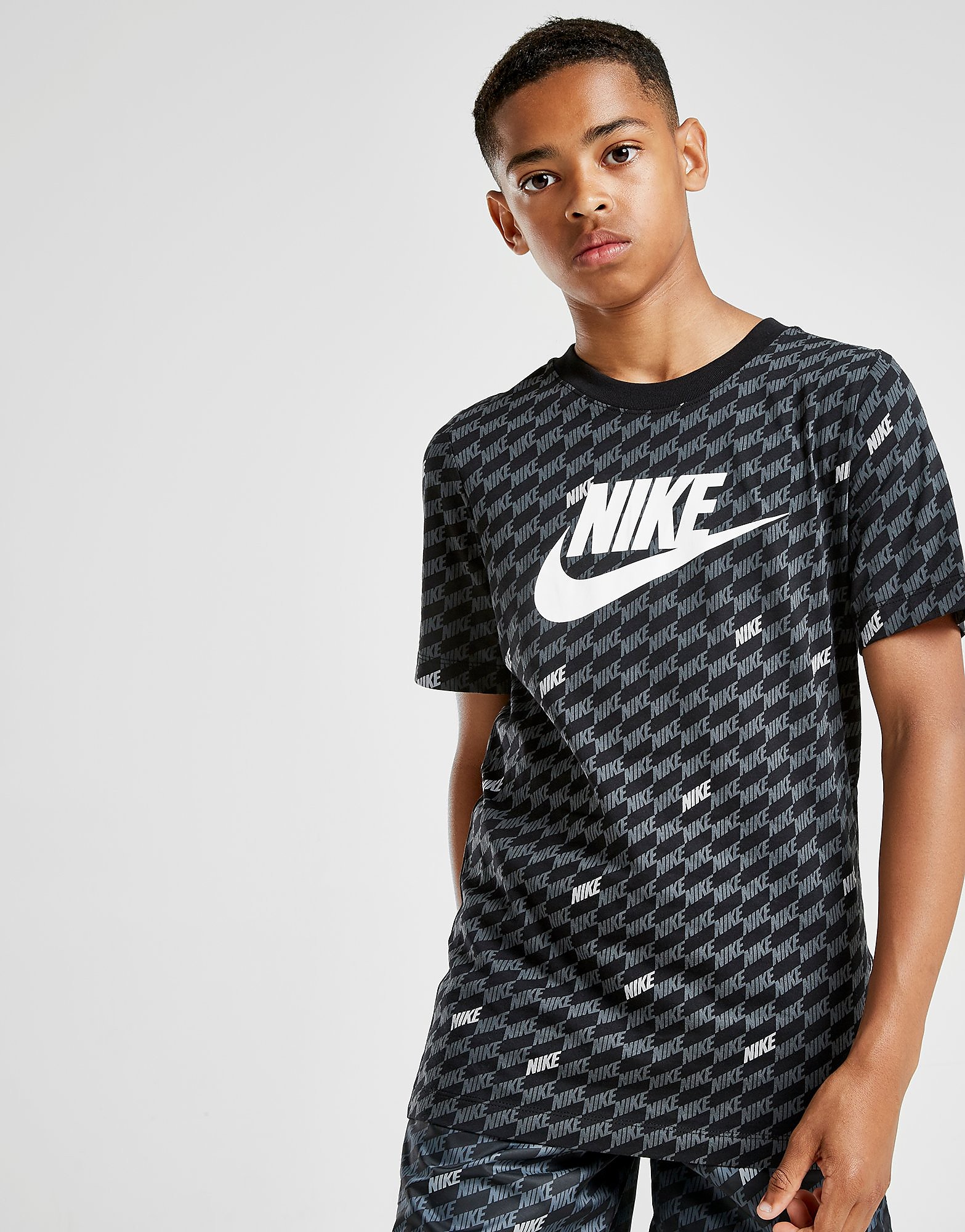 Nike Hybrid All Over Print T-Shirt Junior - Black/Grey/White - Kids, Black/Grey/White
