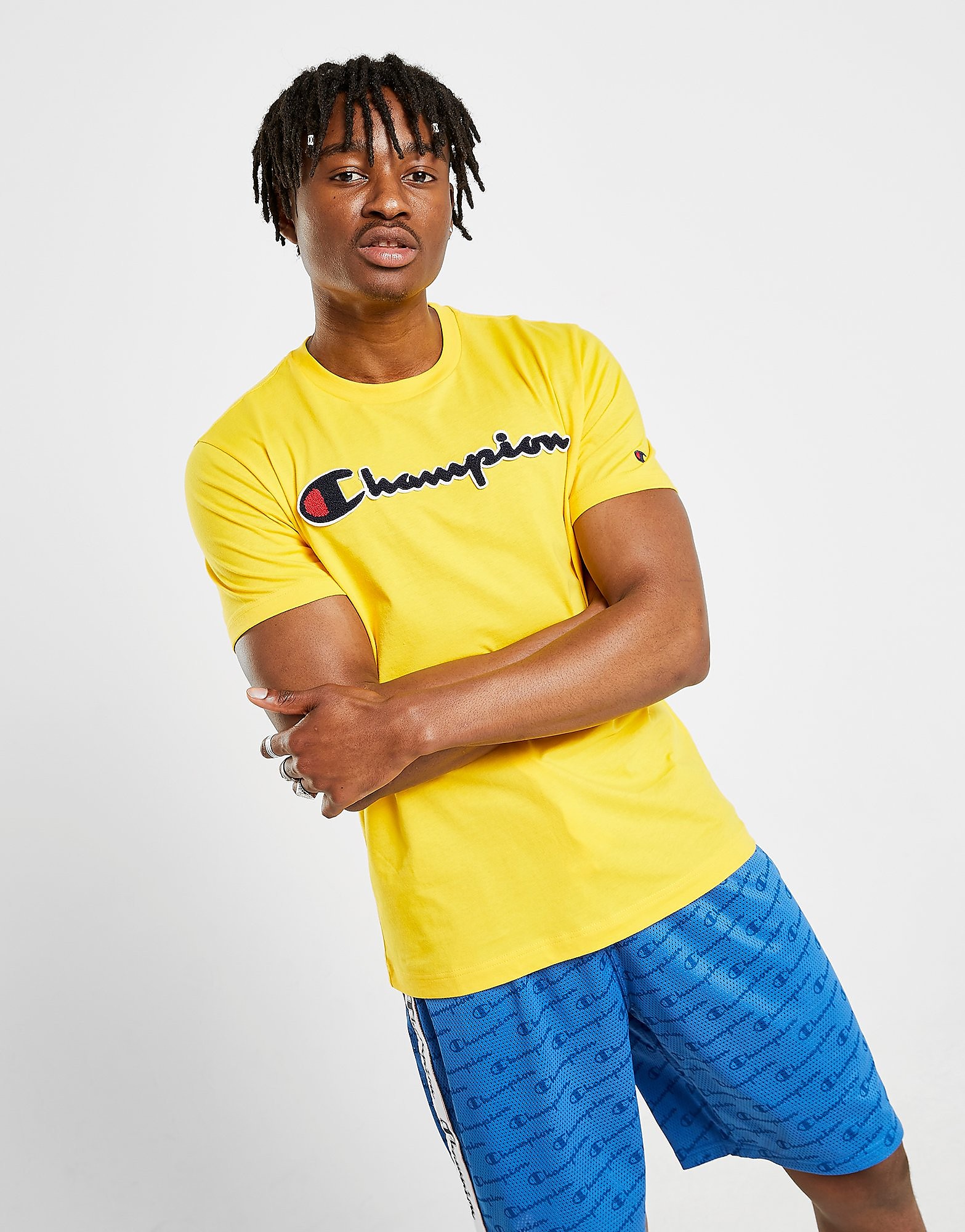 Champion Boucle Script T Shirt Heren Geel champion kopen in de aanbieding