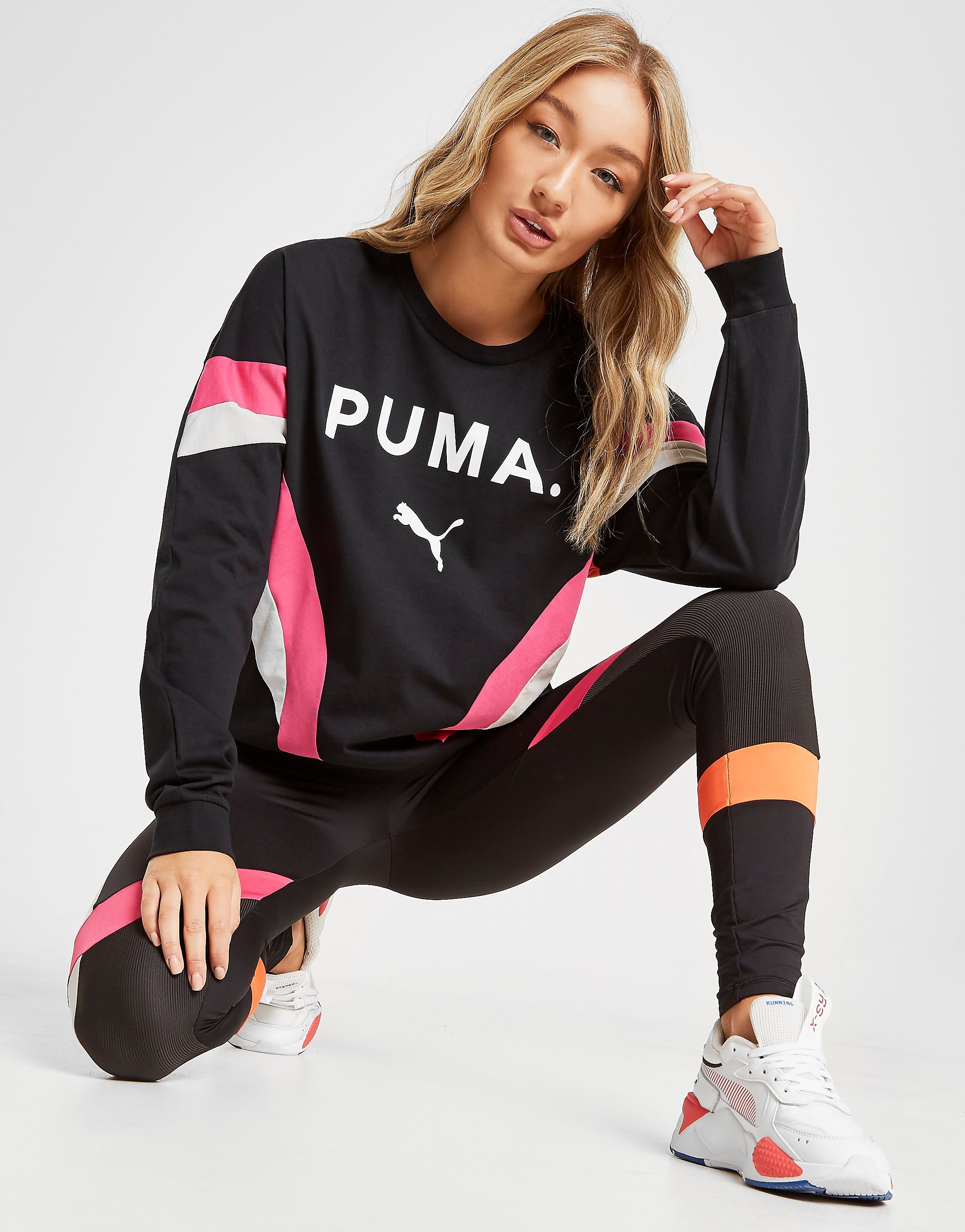 Puma Chase Crew Sweatshirt - Black/Pink/White/Orange - Womens, Black/Pink/White/Orange